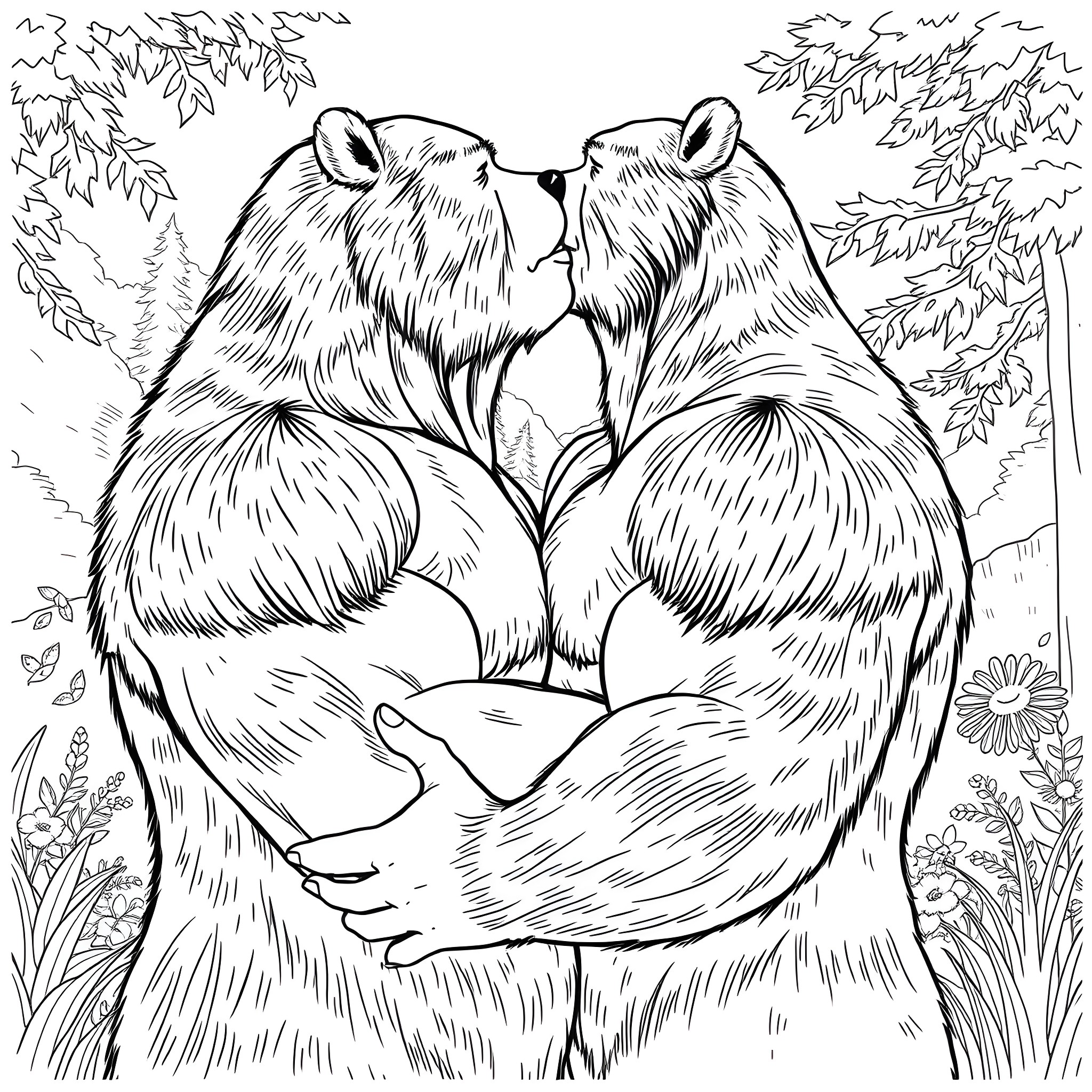 Bear couples embracing in nature Coloring Page (free black-and-white line drawing printable PDF for all, from beginners to advanced learners, including children, teens, adults, and seniors)