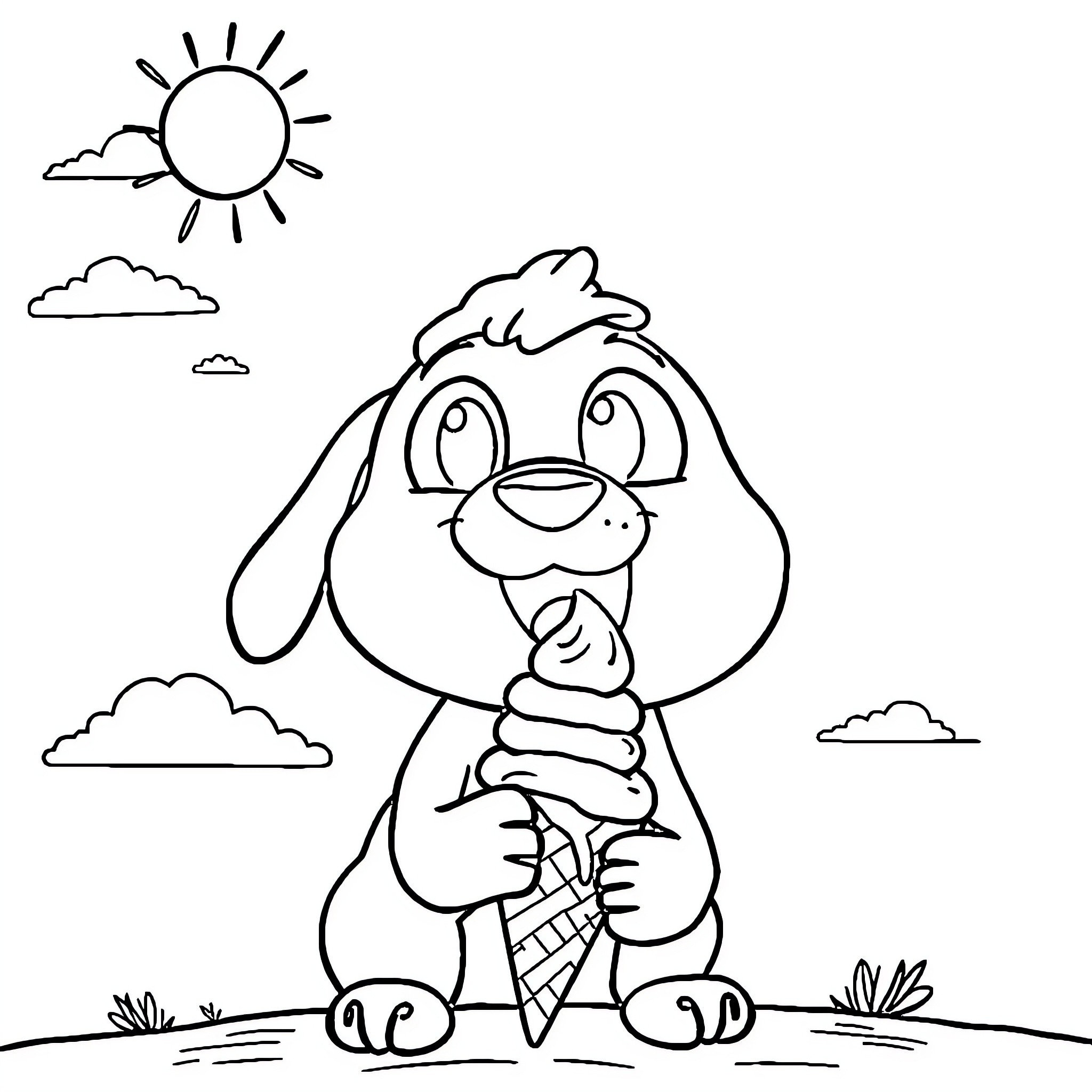 Labubu enjoying ice cream on a sunny day Coloring Page (free black-and-white line drawing printable PDF for all, from beginners to advanced learners, including children, teens, adults, and seniors)