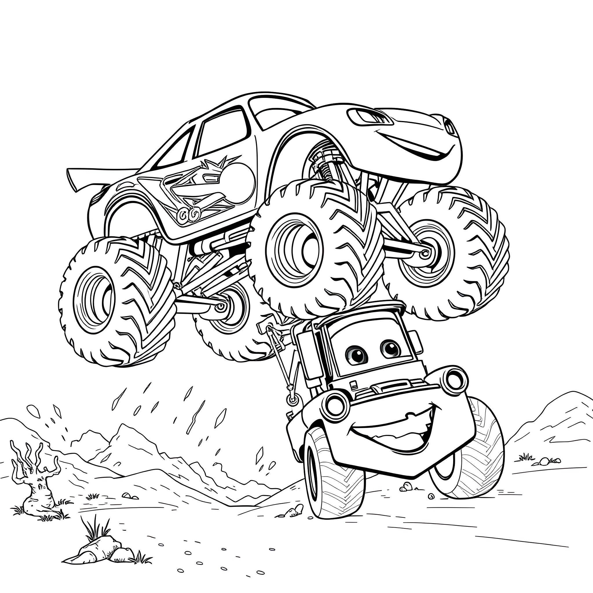 Lightning McQueen's Monster Truck Adventure Coloring Page (free black-and-white line drawing printable PDF for all, from beginners to advanced learners, including children, teens, adults, and seniors)