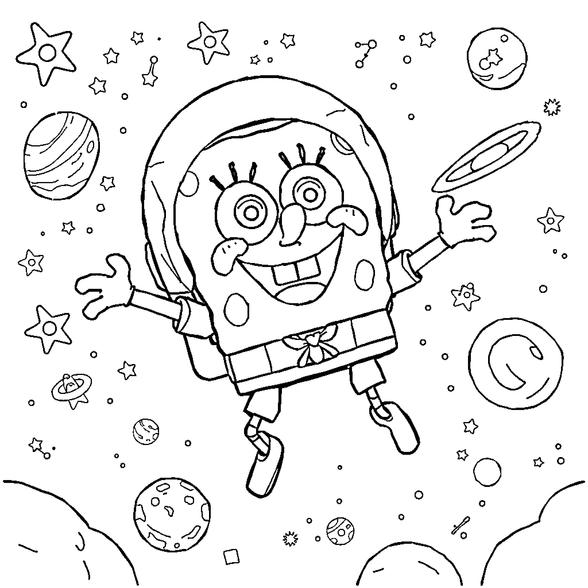 Spongebob Floating in Outer Space with Planets and Stars Coloring Page (free black-and-white line drawing printable PDF for all, from beginners to advanced learners, including children, teens, adults, and seniors)