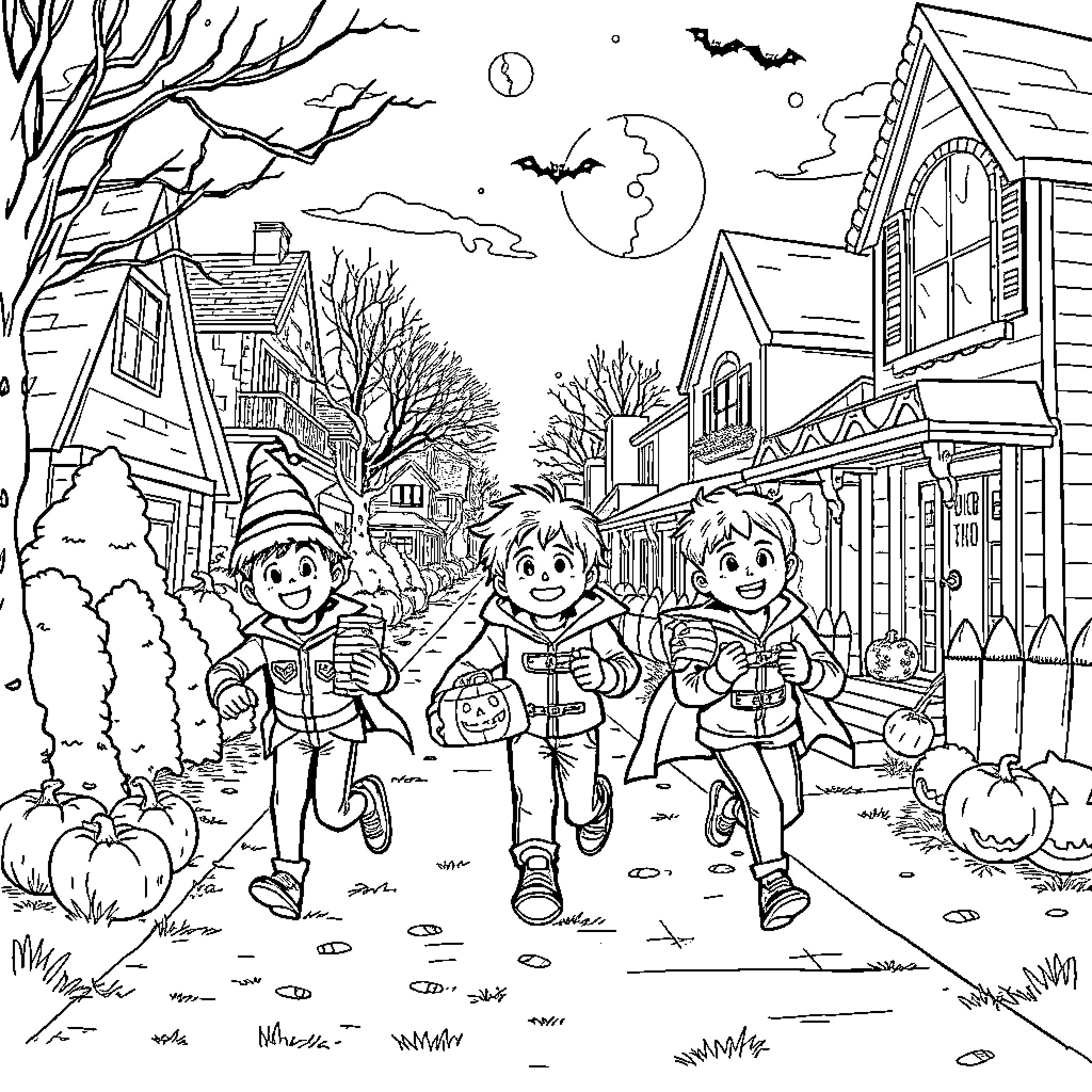 Halloween night in the spooky neighborhood Coloring Page (free black-and-white line drawing printable PDF for all, from beginners to advanced learners, including children, teens, adults, and seniors)