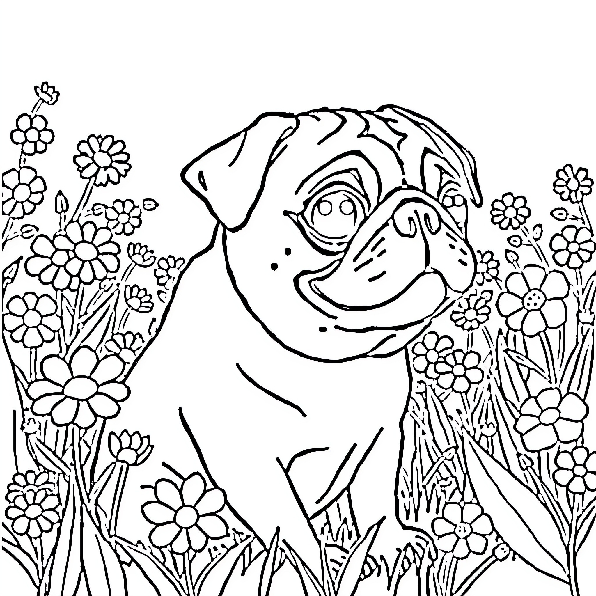 Pug surrounded by whimsical flowers Coloring Page (free black-and-white line drawing printable PDF for all, from beginners to advanced learners, including children, teens, adults, and seniors)