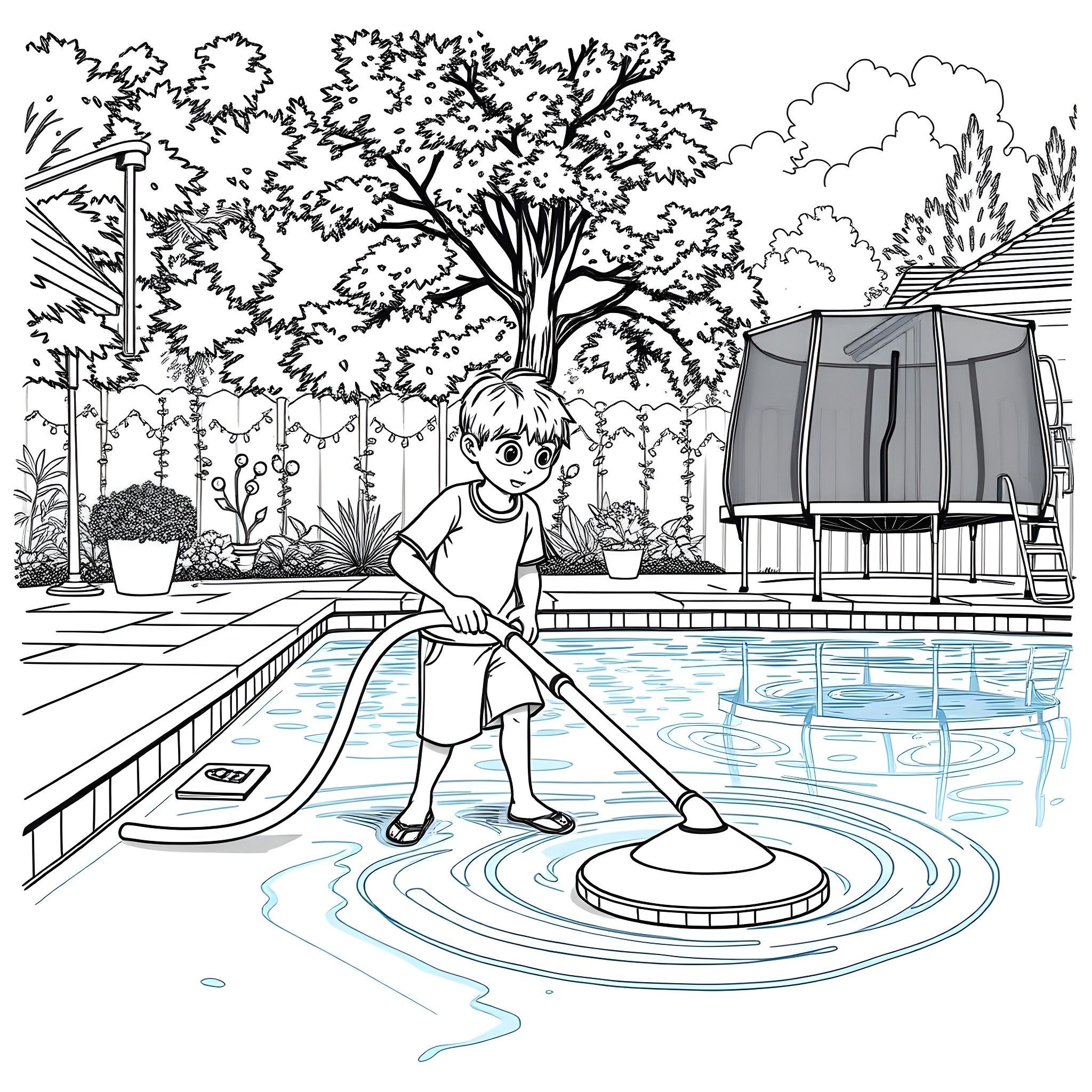 Teen Guy Cleaning Pool on a Summer Day Coloring Page (free black-and-white line drawing printable PDF for all, from beginners to advanced learners, including children, teens, adults, and seniors)