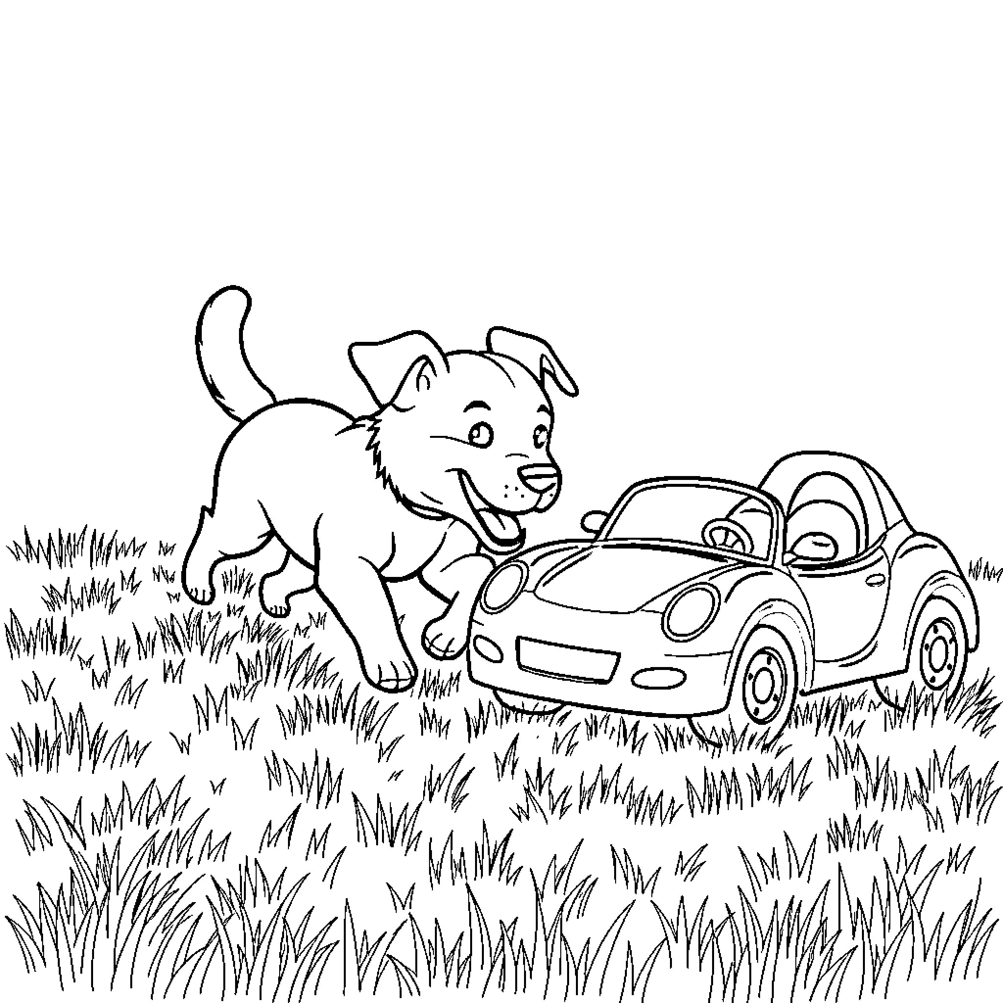 Dog playing with toy car in grassy field Coloring Page (free black-and-white line drawing printable PDF for all, from beginners to advanced learners, including children, teens, adults, and seniors)