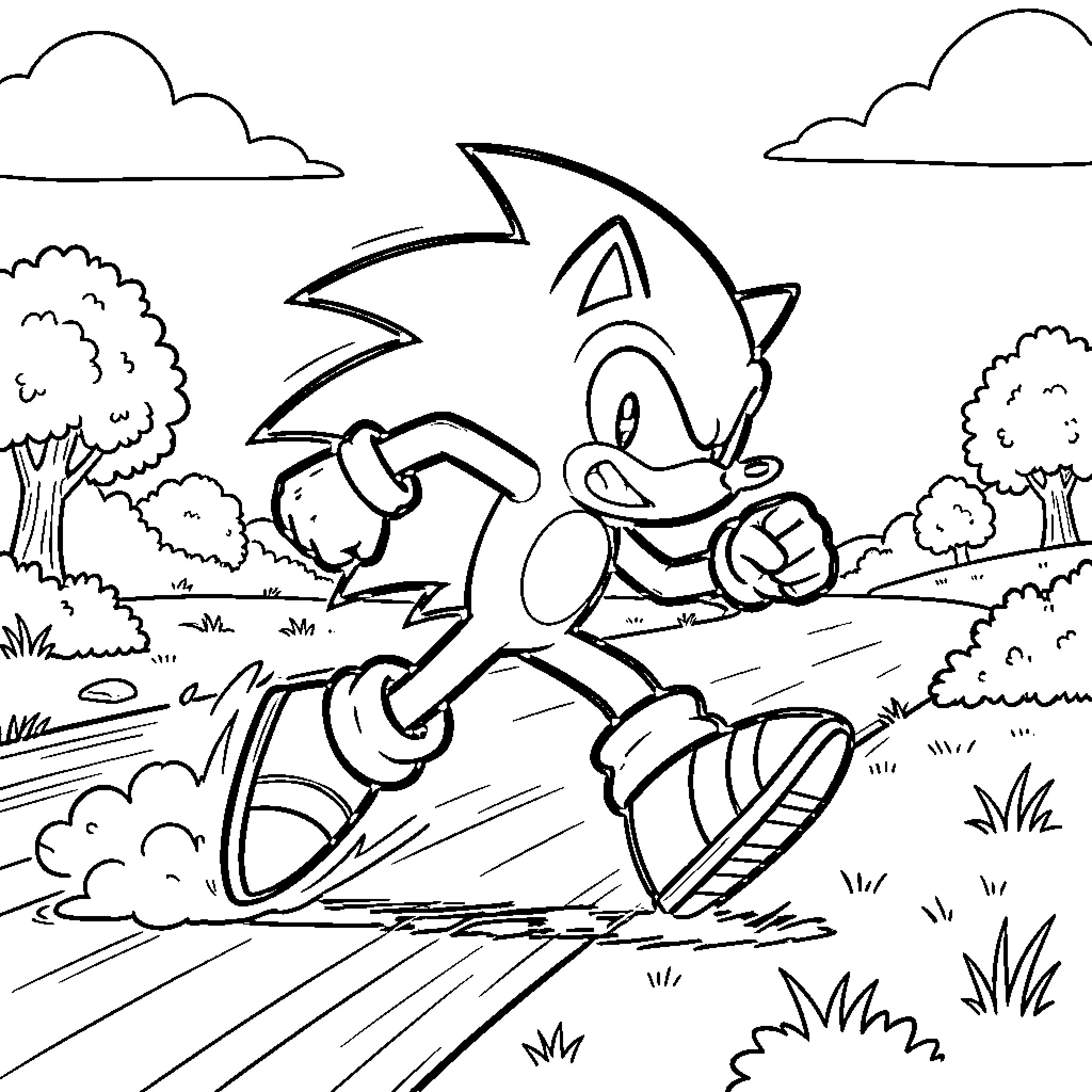 Sonic running fast along a path through nature Coloring Page (free black-and-white line drawing printable PDF for all, from beginners to advanced learners, including children, teens, adults, and seniors)