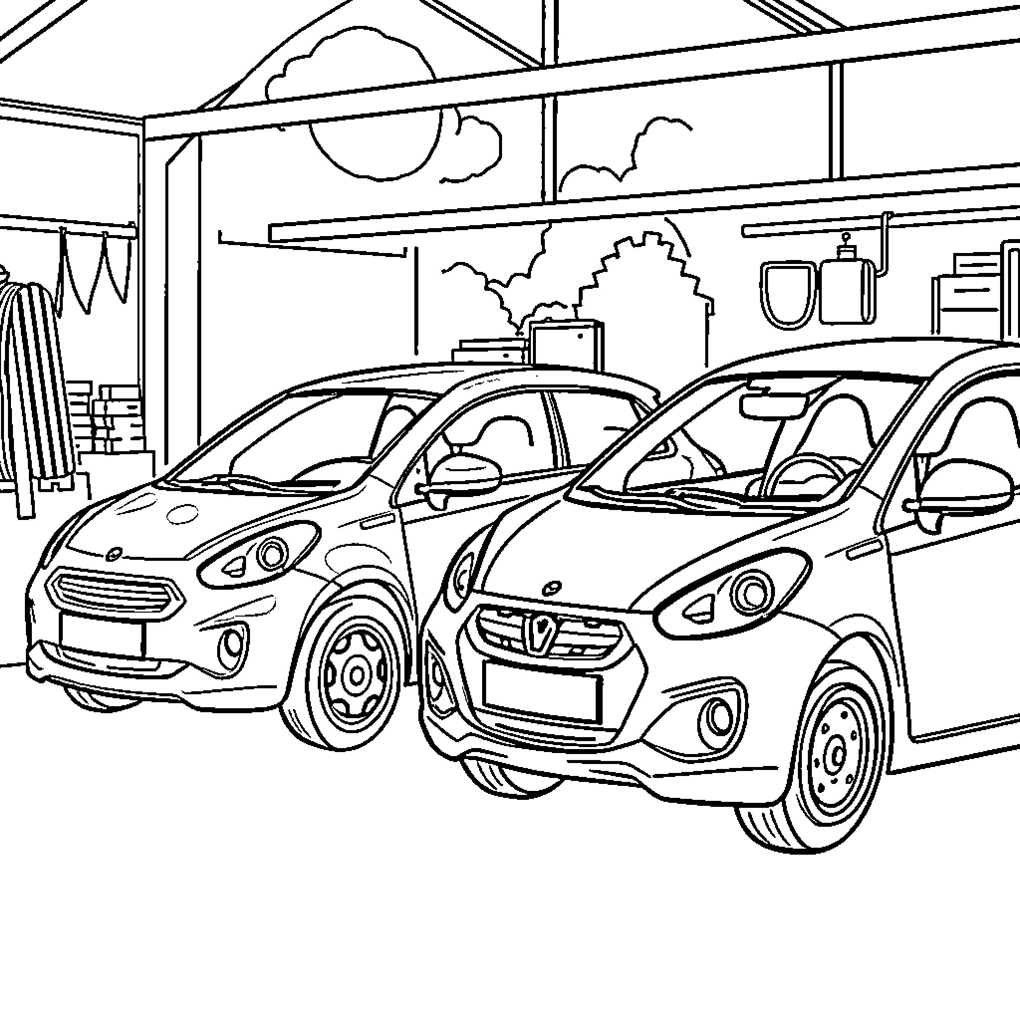 Car Parked in Garage with Architectural Details Coloring Page (free black-and-white line drawing printable PDF for all, from beginners to advanced learners, including children, teens, adults, and seniors)