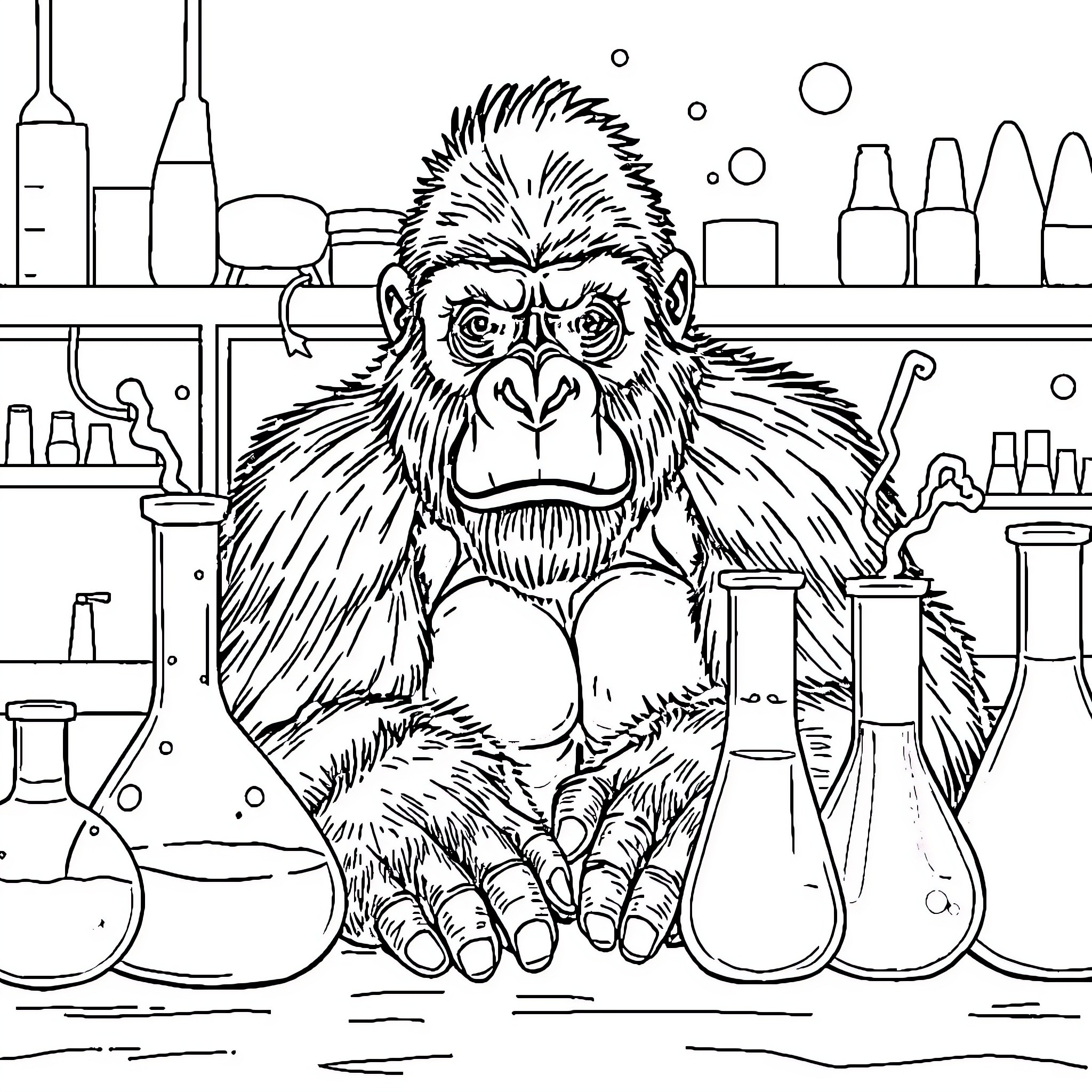 Gorilla performing scientific experiments in a laboratory Coloring Page (free black-and-white line drawing printable PDF for all, from beginners to advanced learners, including children, teens, adults, and seniors)