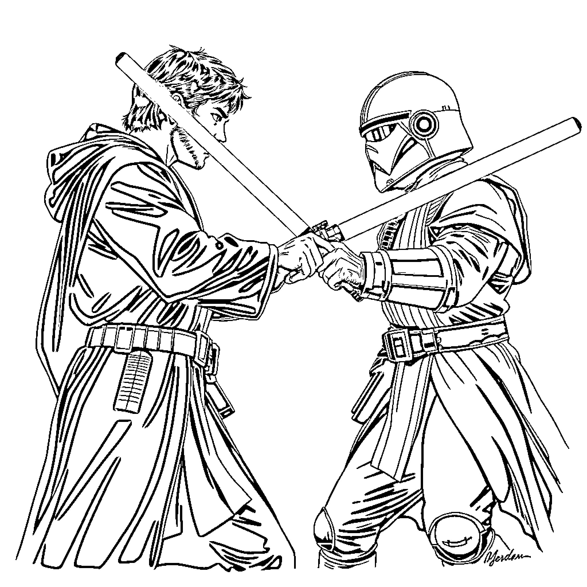 Kyle Katarn's epic duel with a Sith warrior Coloring Page (free black-and-white line drawing printable PDF for all, from beginners to advanced learners, including children, teens, adults, and seniors)