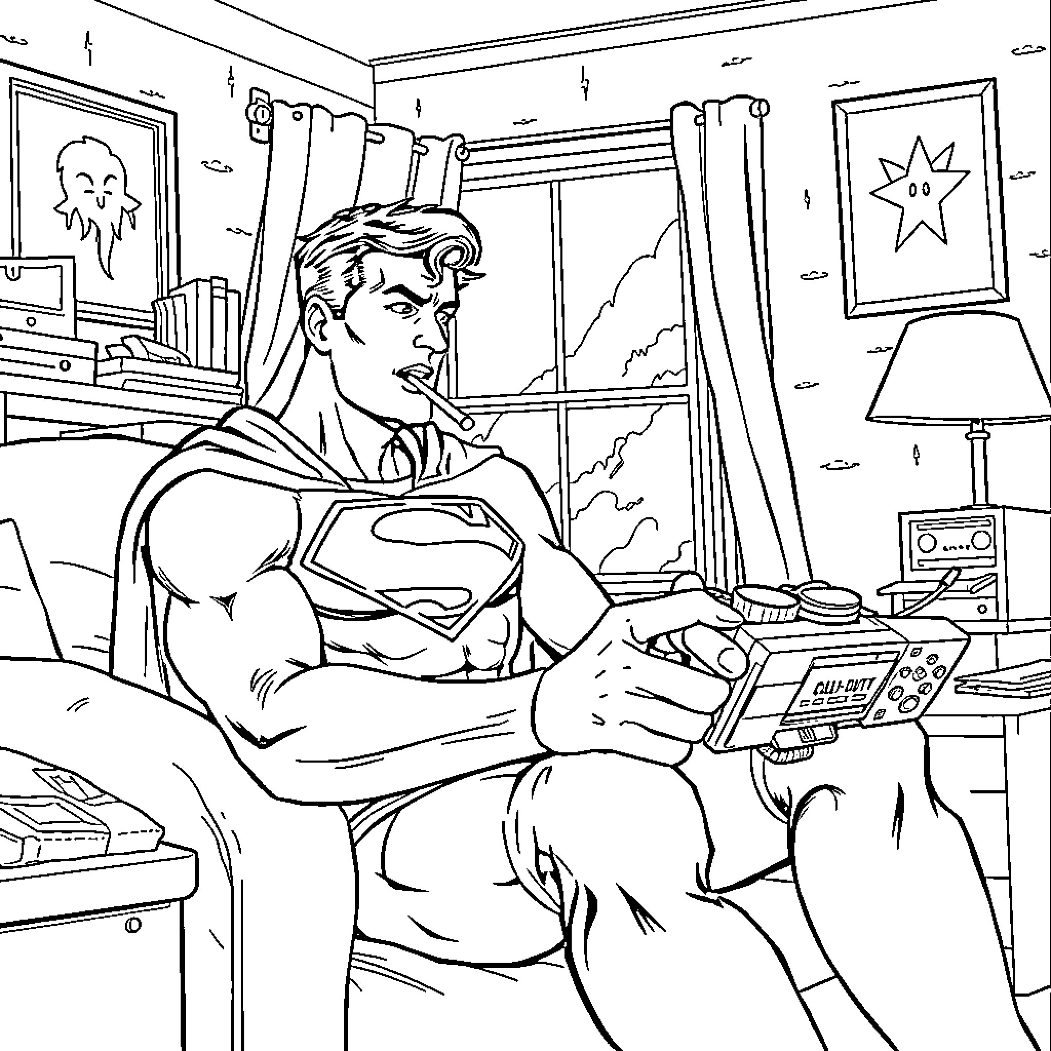Superman enjoying video games in his apartment Coloring Page (free black-and-white line drawing printable PDF for all, from beginners to advanced learners, including children, teens, adults, and seniors)