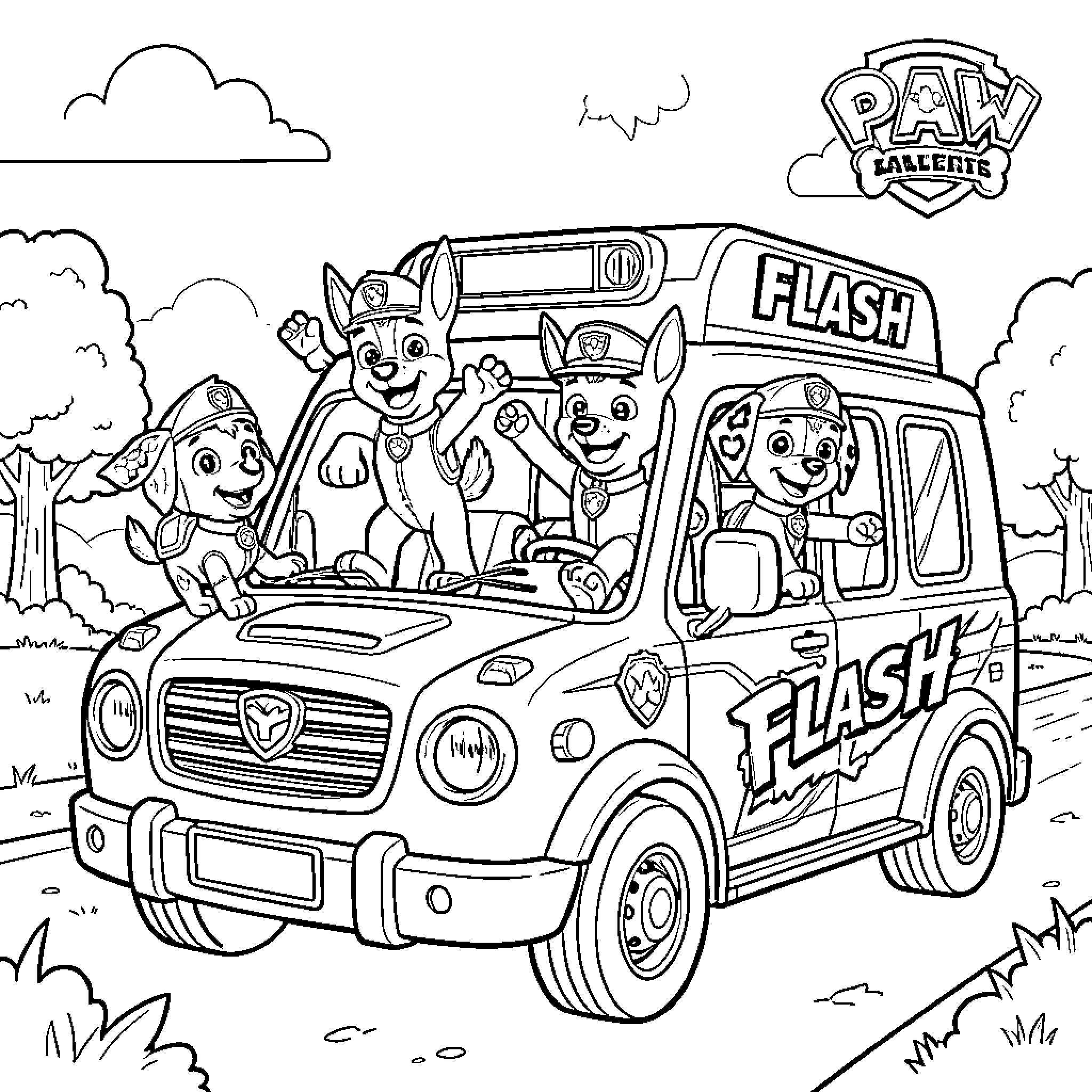 Paw Patrol pups riding excitedly in the Flash vehicle Coloring Page (free black-and-white line drawing printable PDF for all, from beginners to advanced learners, including children, teens, adults, and seniors)