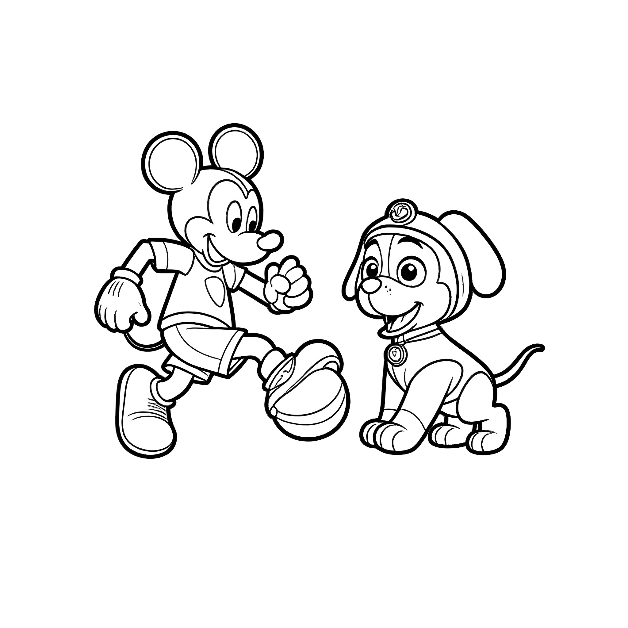 Mickey Mouse and Puppy Playing Together Coloring Page (free black-and-white line drawing printable PDF for all, from beginners to advanced learners, including children, teens, adults, and seniors)