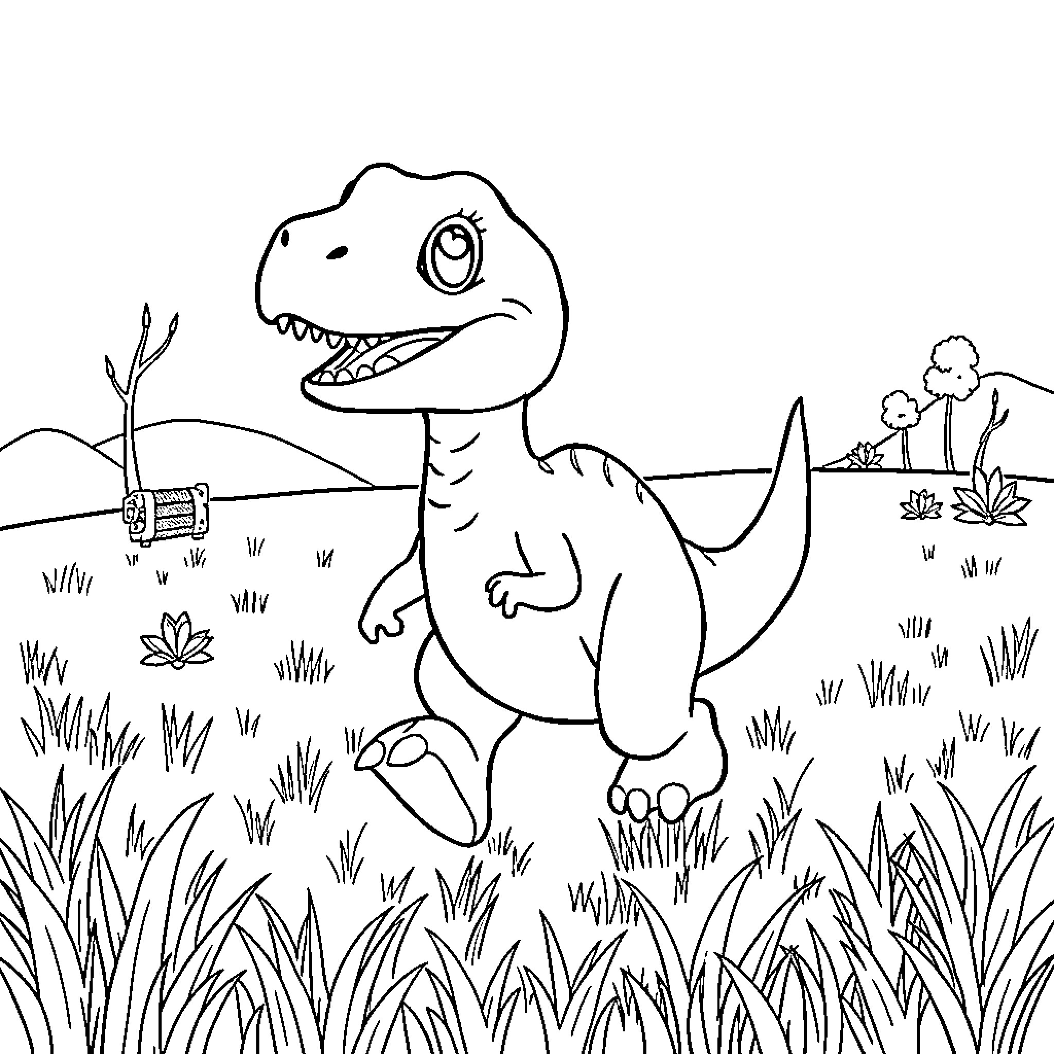 Velociraptor exploring the prehistoric landscape Coloring Page (free black-and-white line drawing printable PDF for all, from beginners to advanced learners, including children, teens, adults, and seniors)