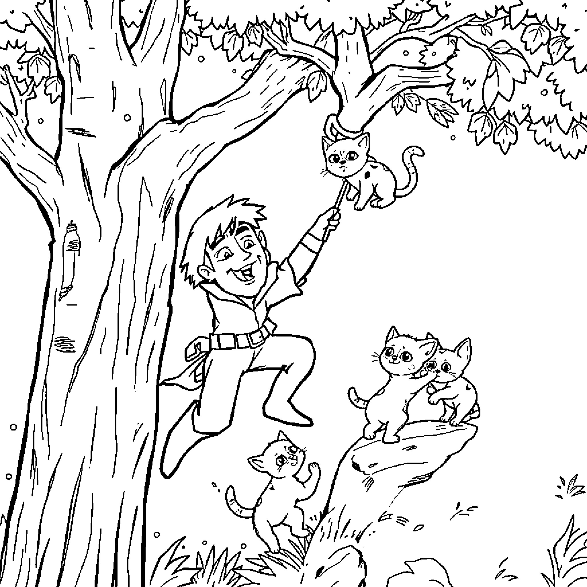 Hero Climbs Tree to Rescue Kittens in the Woods Coloring Page (free black-and-white line drawing printable PDF for all, from beginners to advanced learners, including children, teens, adults, and seniors)