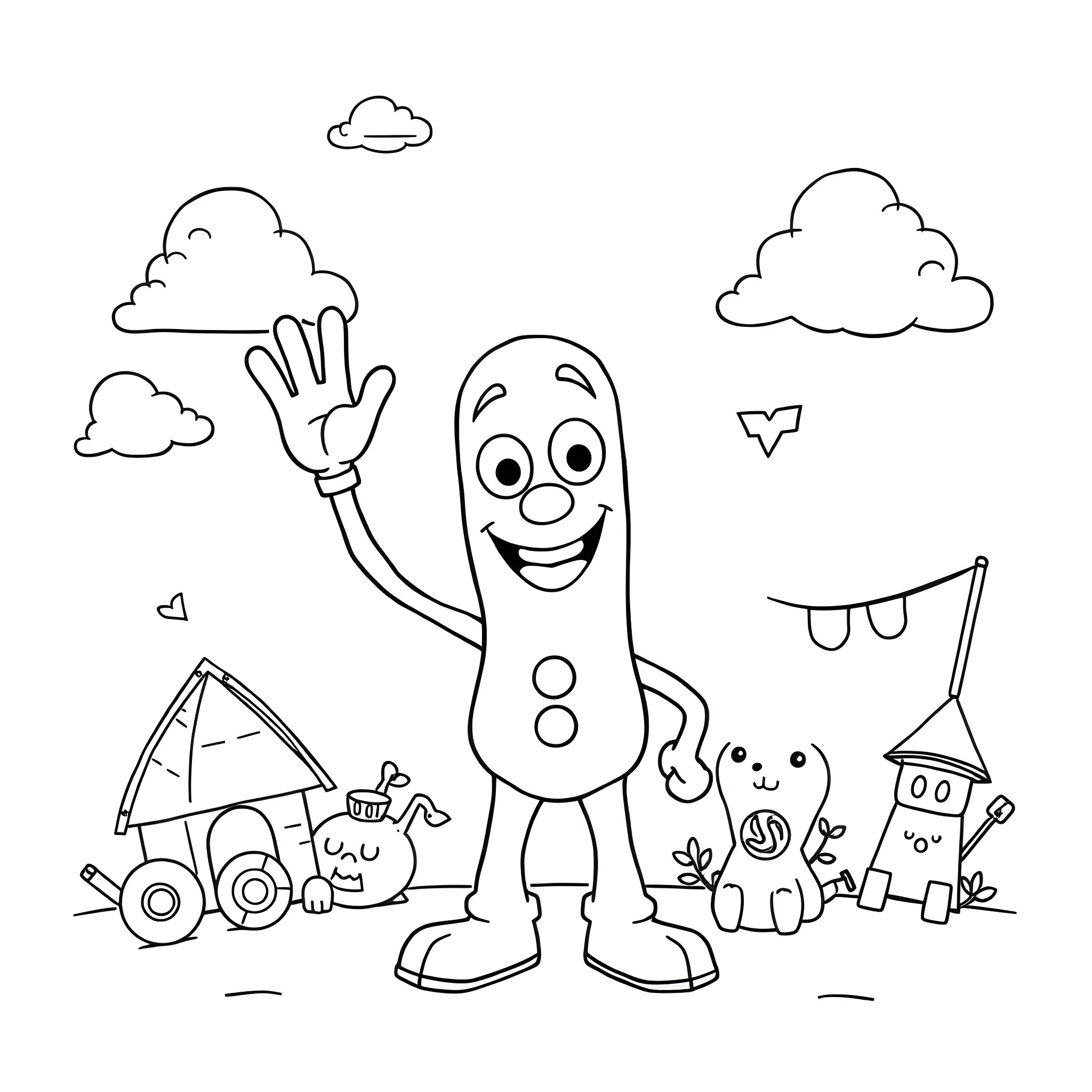 Forky waving and surrounded by toys and nature Coloring Page (free black-and-white line drawing printable PDF for all, from beginners to advanced learners, including children, teens, adults, and seniors)