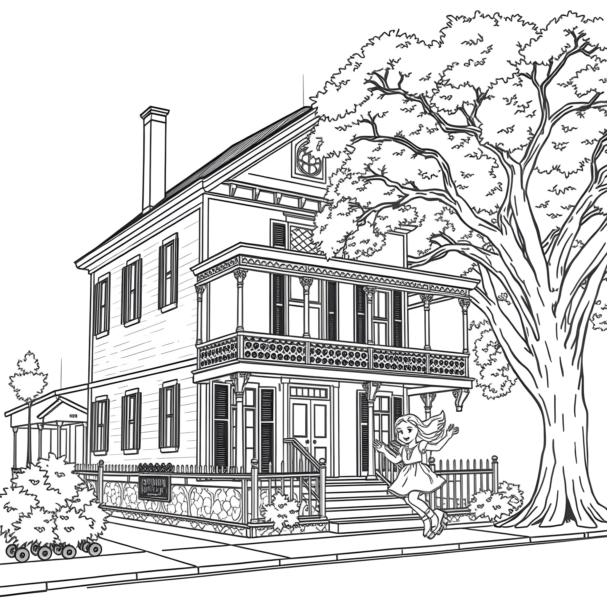 House with a girl playing in the front yard Coloring Page (free black-and-white line drawing printable PDF for all, from beginners to advanced learners, including children, teens, adults, and seniors)