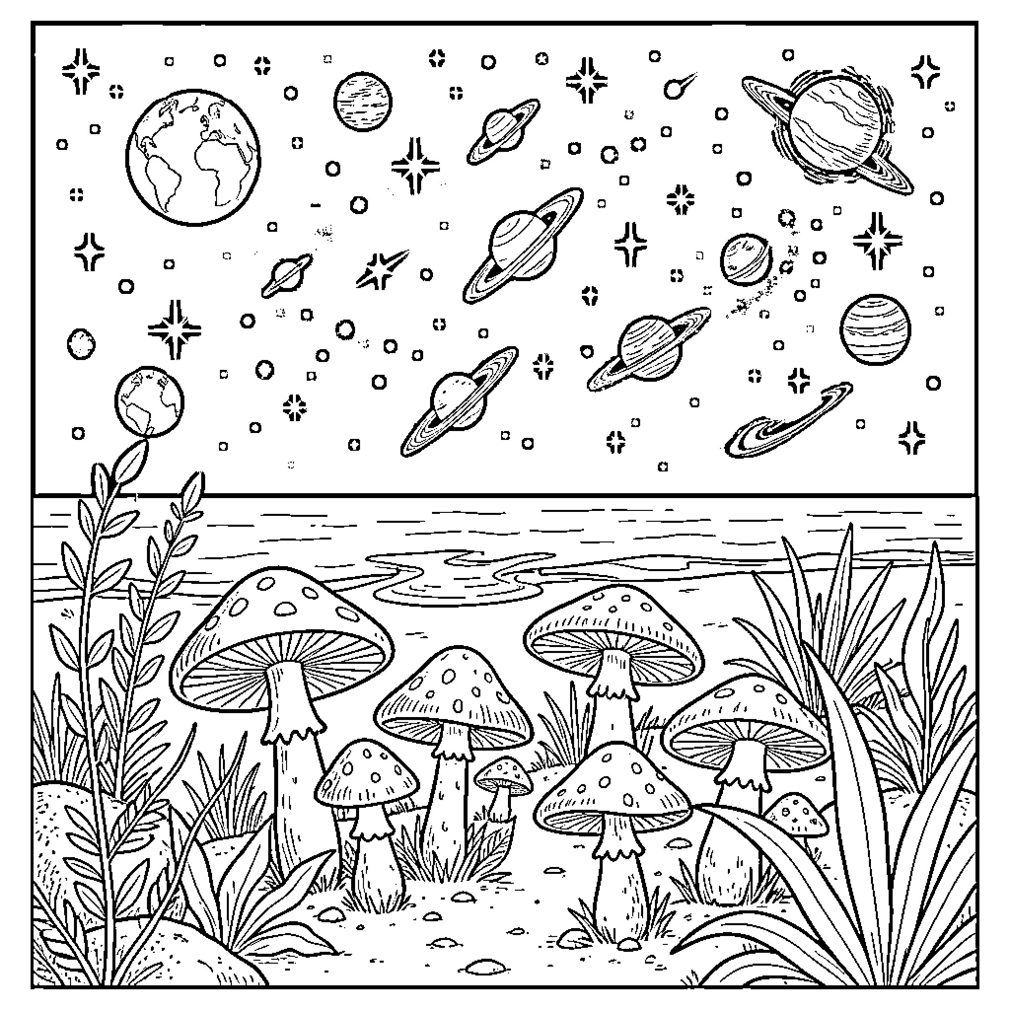 Mushroom growing peacefully under a starry space sky Coloring Page (free black-and-white line drawing printable PDF for all, from beginners to advanced learners, including children, teens, adults, and seniors)
