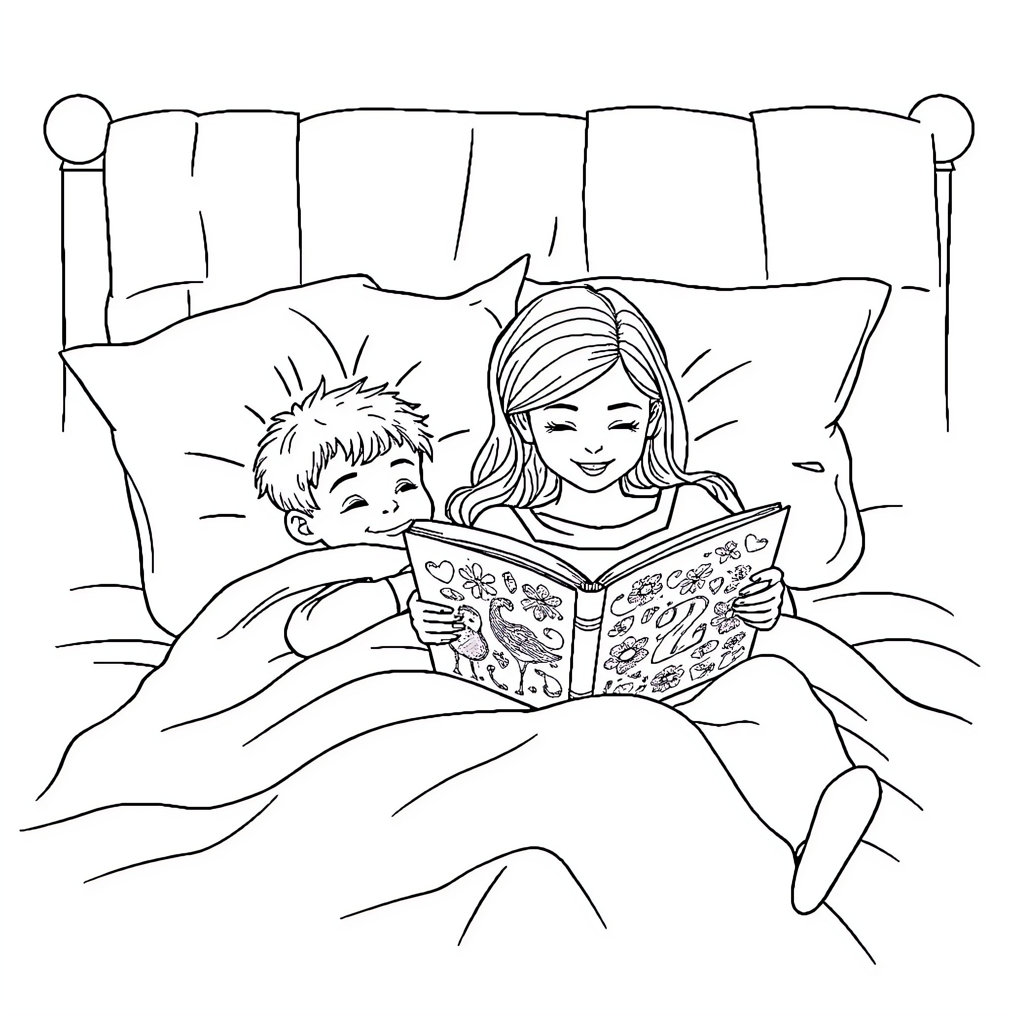 Child reading bedtime story with parent Coloring Page (free black-and-white line drawing printable PDF for all, from beginners to advanced learners, including children, teens, adults, and seniors)