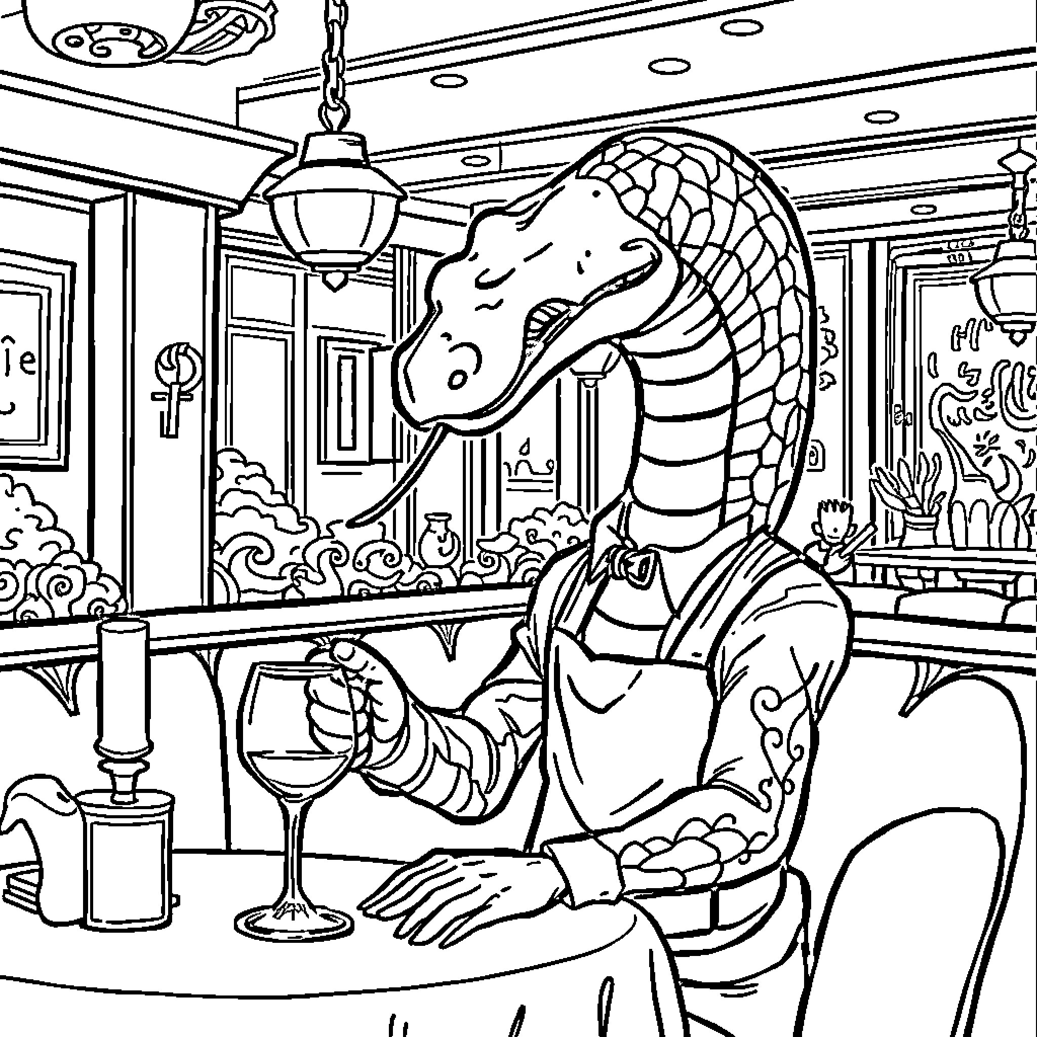 Serpent dining elegantly at the restaurant table Coloring Page (free black-and-white line drawing printable PDF for all, from beginners to advanced learners, including children, teens, adults, and seniors)
