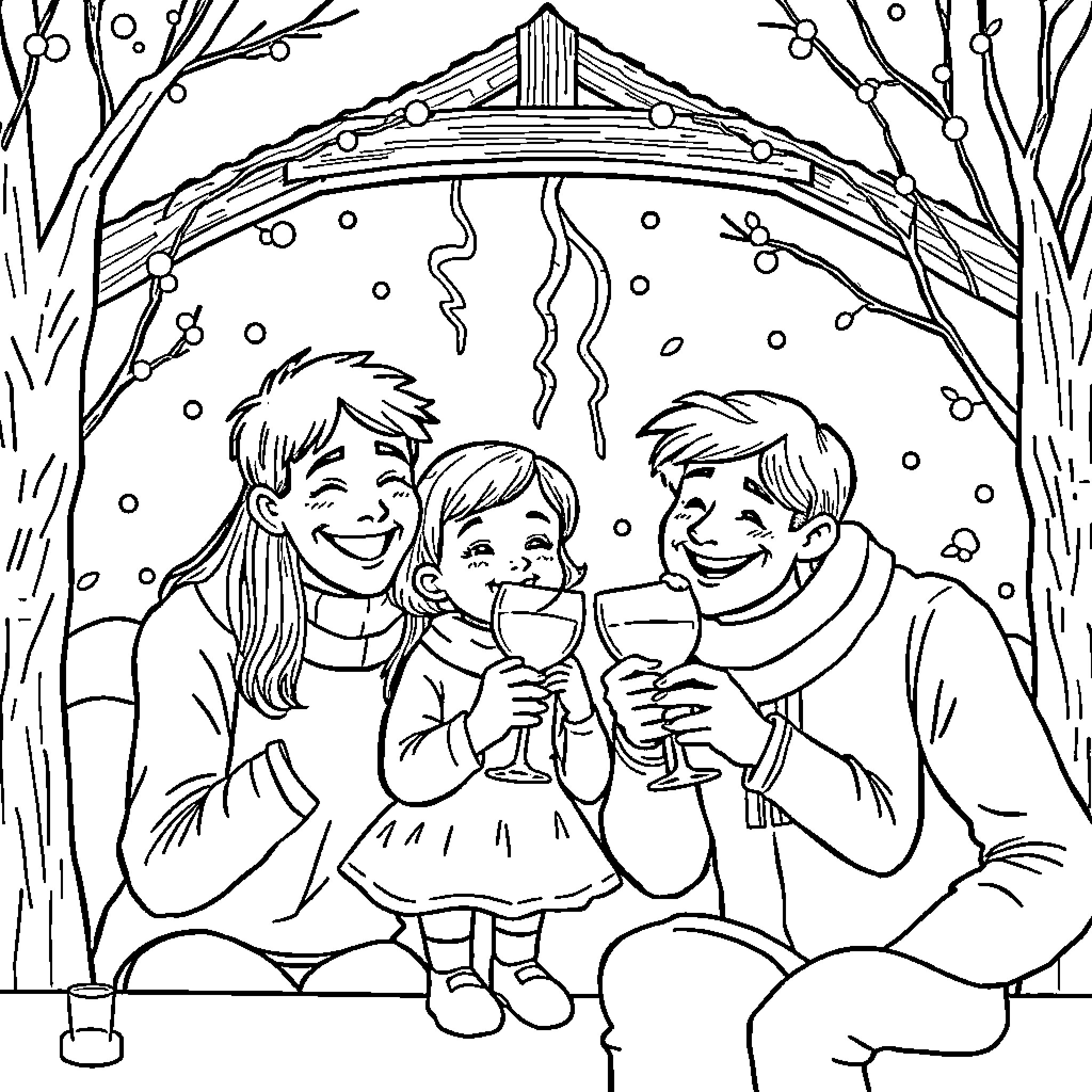 Family Celebrating Winter Wonderland with Drinks Coloring Page (free black-and-white line drawing printable PDF for all, from beginners to advanced learners, including children, teens, adults, and seniors)