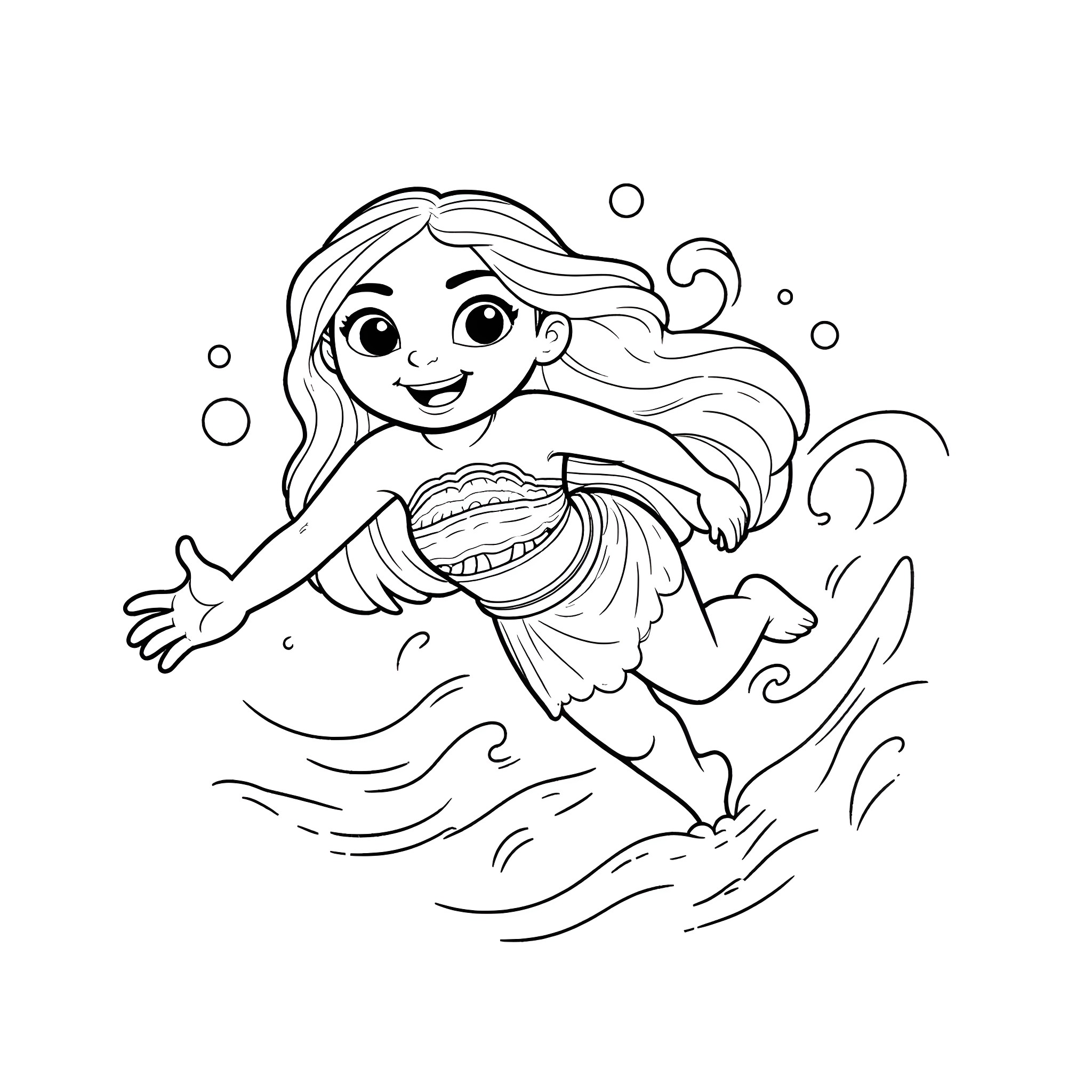 Moana swimming happily in the ocean Coloring Page (free black-and-white line drawing printable PDF for all, from beginners to advanced learners, including children, teens, adults, and seniors)