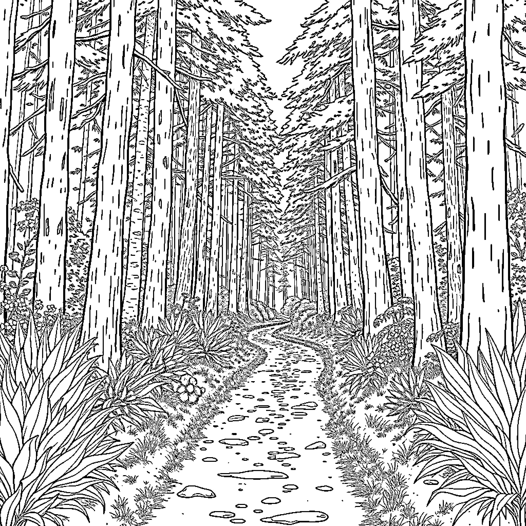 Trail through the enchanting forest Coloring Page (free black-and-white line drawing printable PDF for all, from beginners to advanced learners, including children, teens, adults, and seniors)