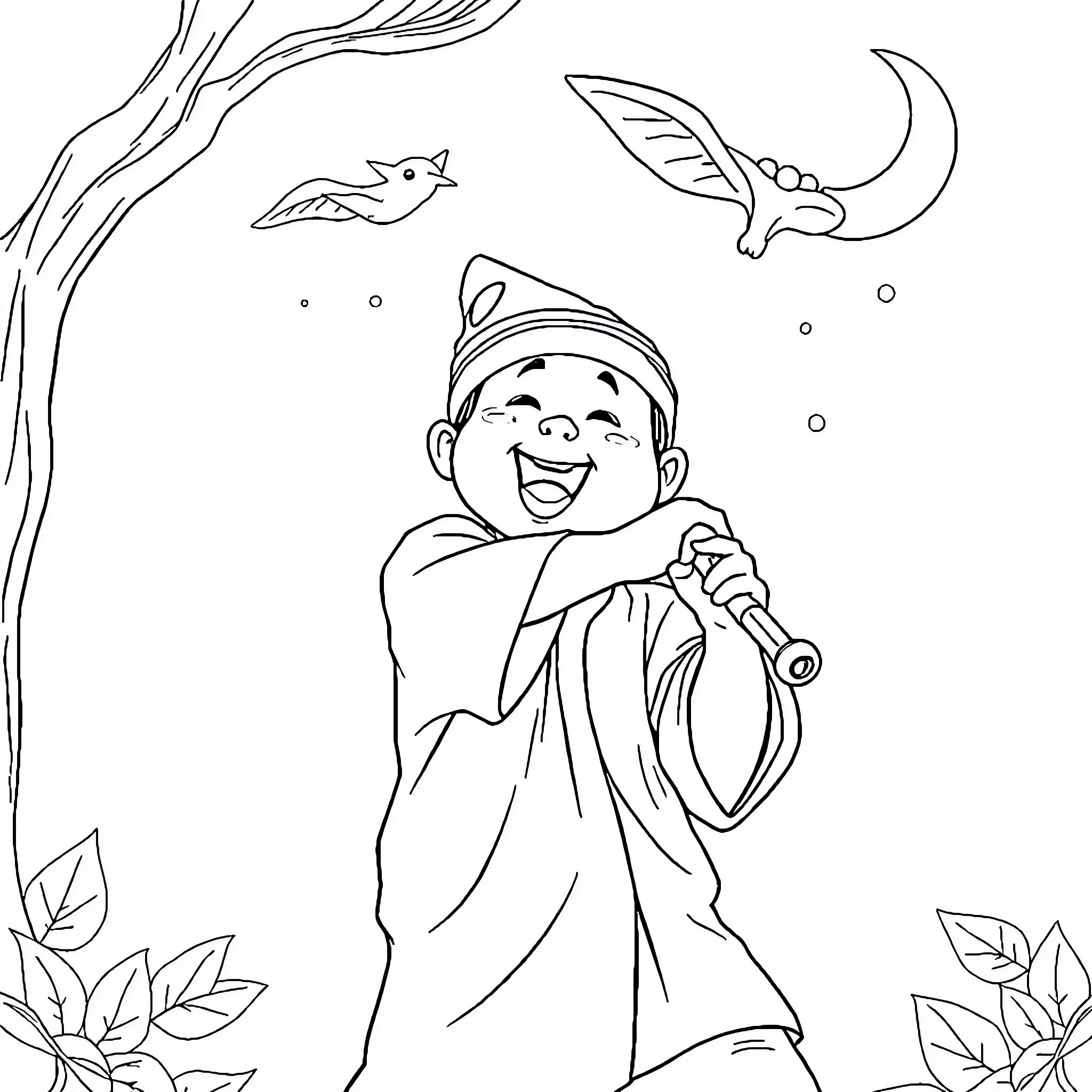 Tun Tung Sahur: Boy joyfully observing nature in the morning Coloring Page (free black-and-white line drawing printable PDF for all, from beginners to advanced learners, including children, teens, adults, and seniors)