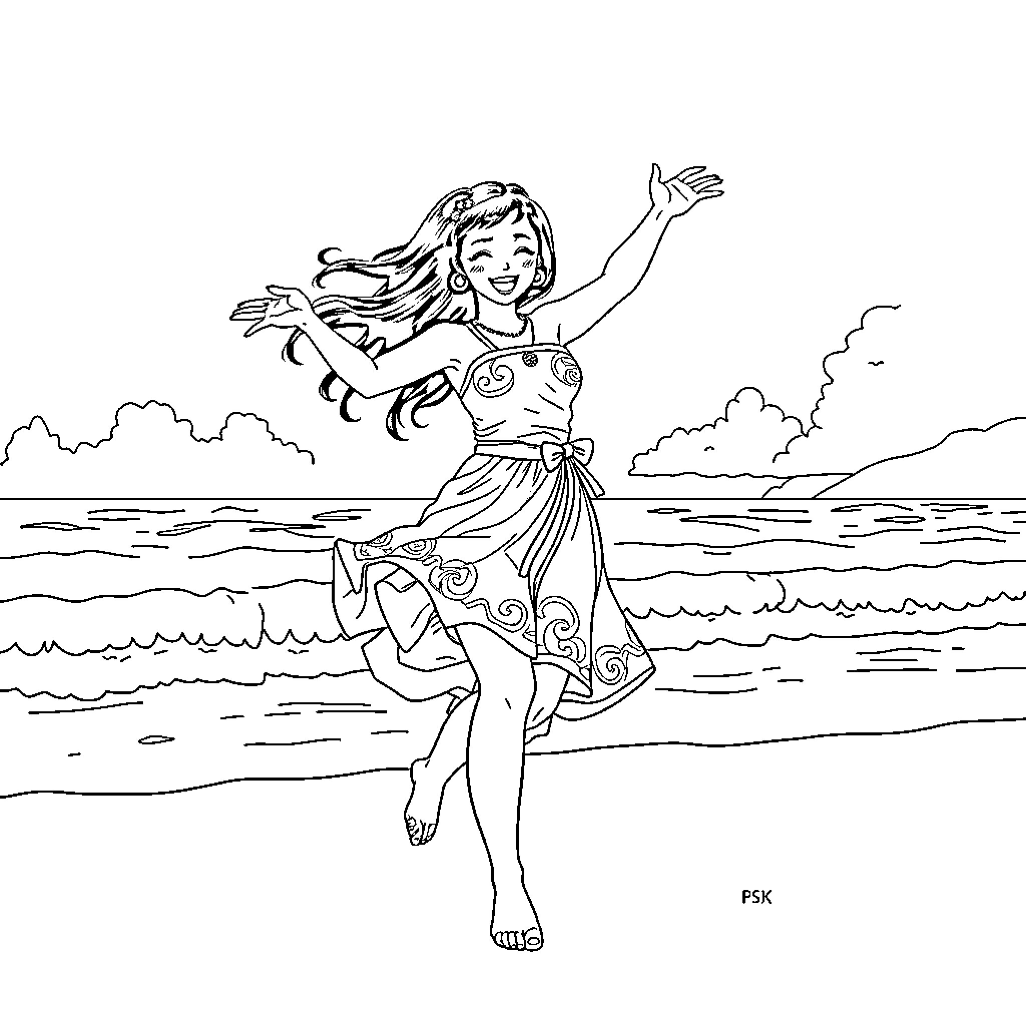 Nezuko joyfully frolicking on the beach Coloring Page (free black-and-white line drawing printable PDF for all, from beginners to advanced learners, including children, teens, adults, and seniors)