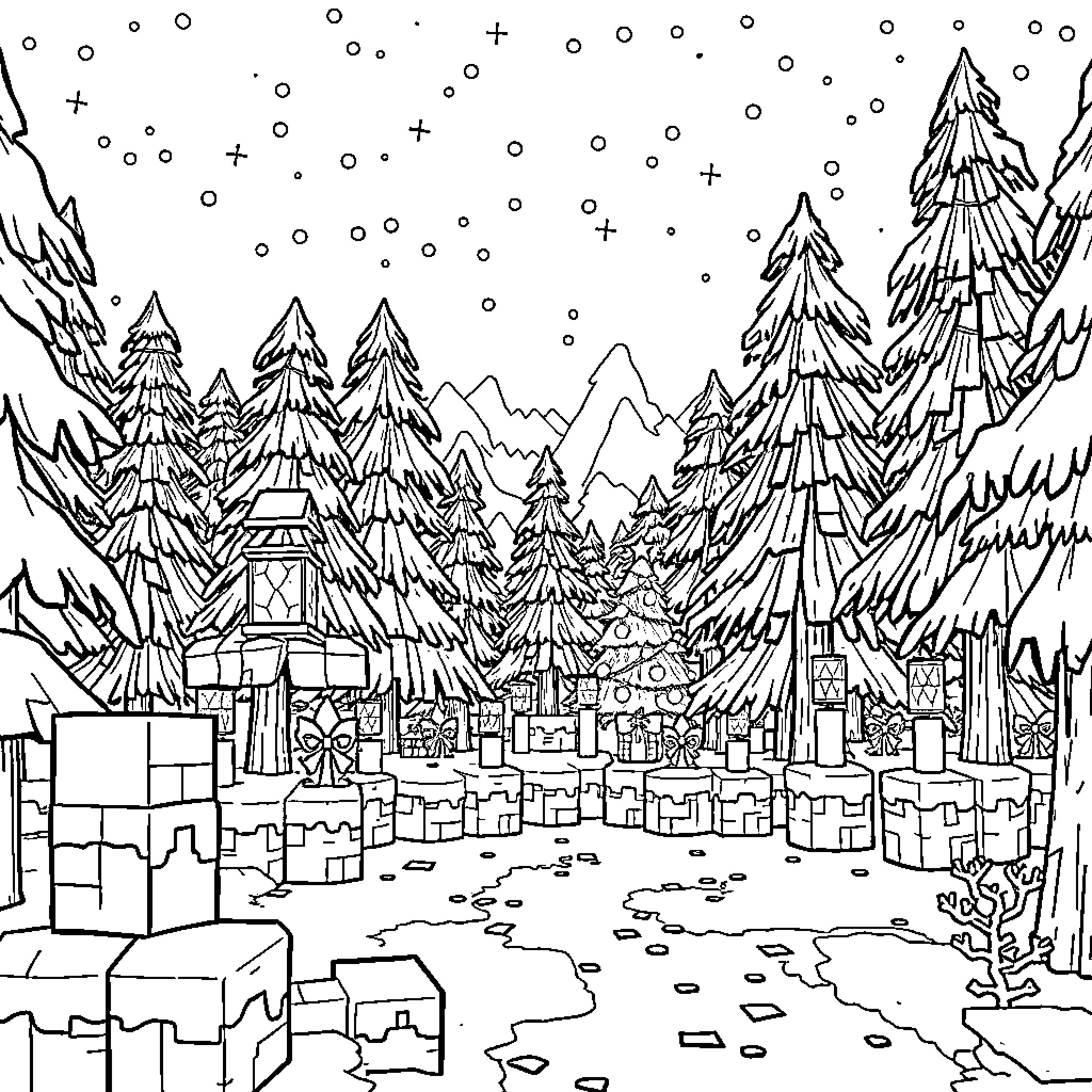Minecraft Snowy Mountain Village Adventure Coloring Page (free black-and-white line drawing printable PDF for all, from beginners to advanced learners, including children, teens, adults, and seniors)