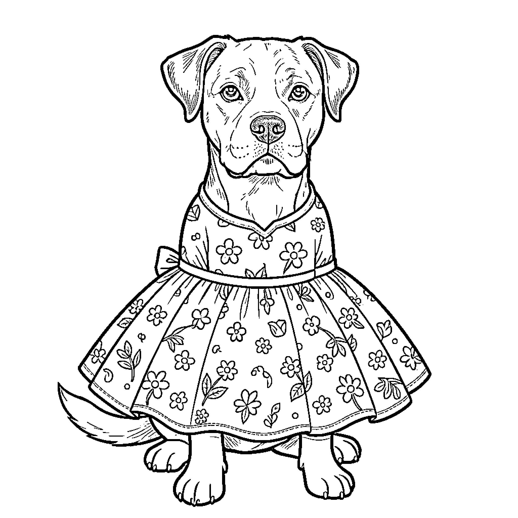 Staffy dog wearing a floral dress Coloring Page (free black-and-white line drawing printable PDF for all, from beginners to advanced learners, including children, teens, adults, and seniors)