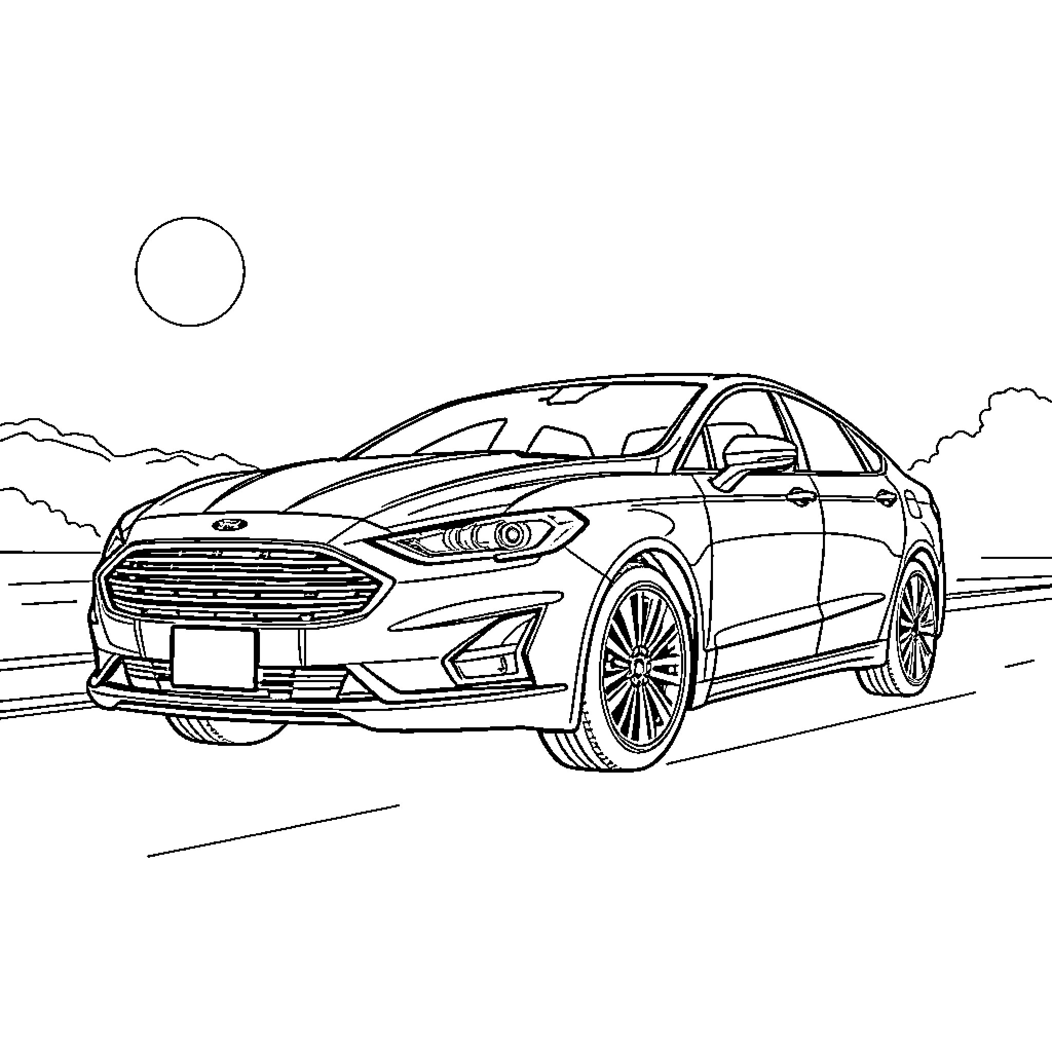 Ford Fusion driving down the road Coloring Page (free black-and-white line drawing printable PDF for all, from beginners to advanced learners, including children, teens, adults, and seniors)