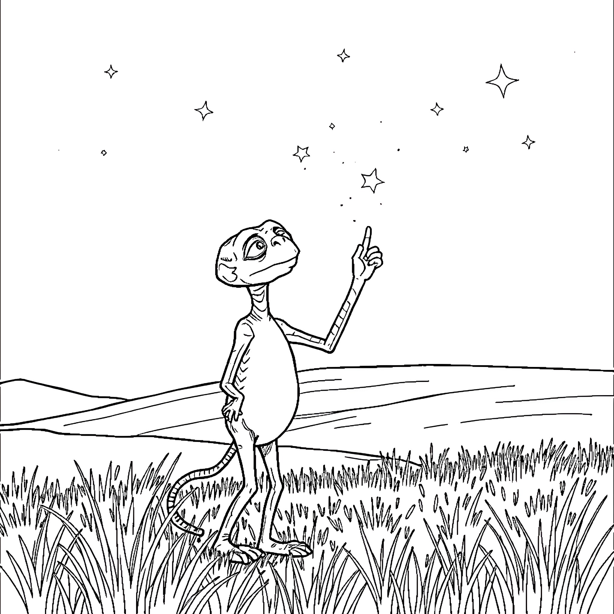 E.T. Pointing at Mysterious Cosmic Lights Coloring Page (free black-and-white line drawing printable PDF for all, from beginners to advanced learners, including children, teens, adults, and seniors)
