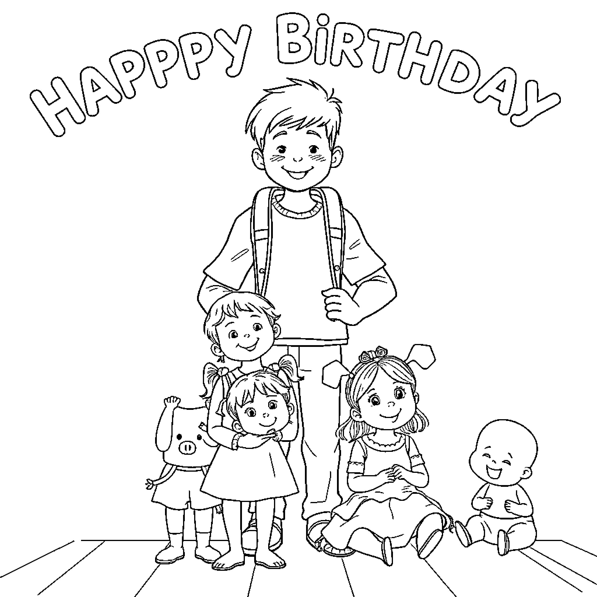 Toddler family celebrating a happy birthday Coloring Page (free black-and-white line drawing printable PDF for all, from beginners to advanced learners, including children, teens, adults, and seniors)