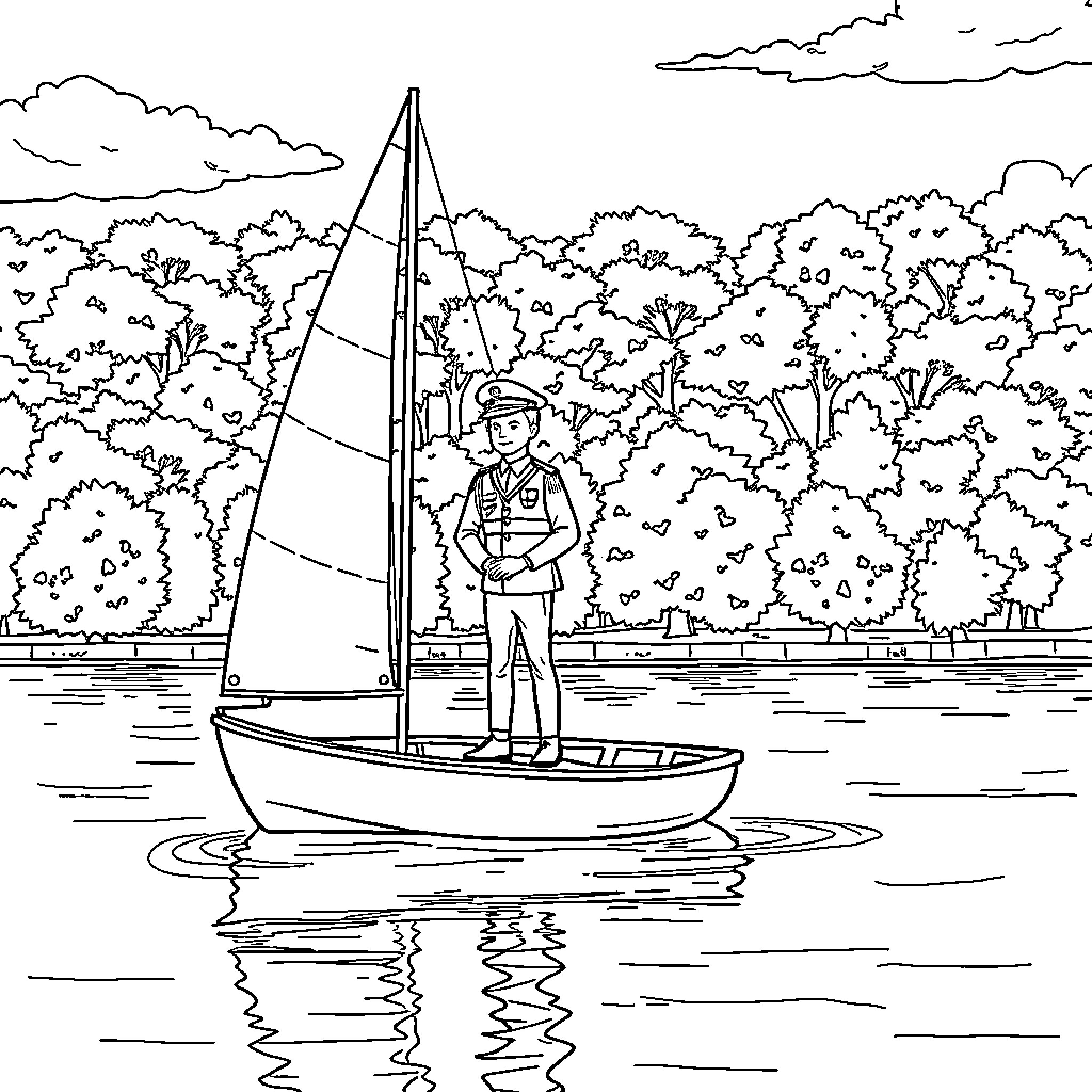 Sea Cadet sailing peaceful waters amidst wooded landscape Coloring Page (free black-and-white line drawing printable PDF for all, from beginners to advanced learners, including children, teens, adults, and seniors)