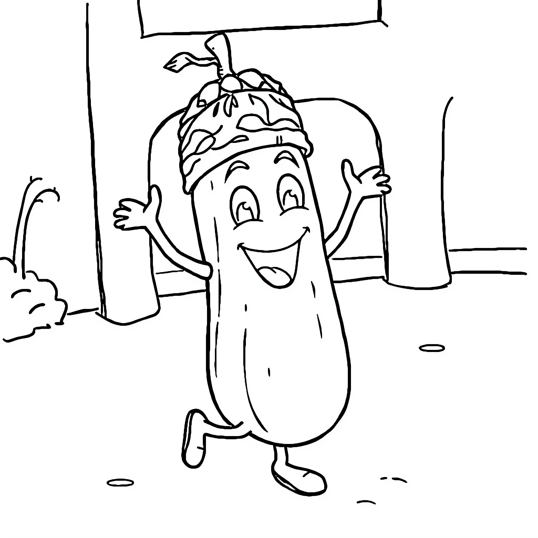 Cucumber dancing joyfully in the park Coloring Page (free black-and-white line drawing printable PDF for all, from beginners to advanced learners, including children, teens, adults, and seniors)