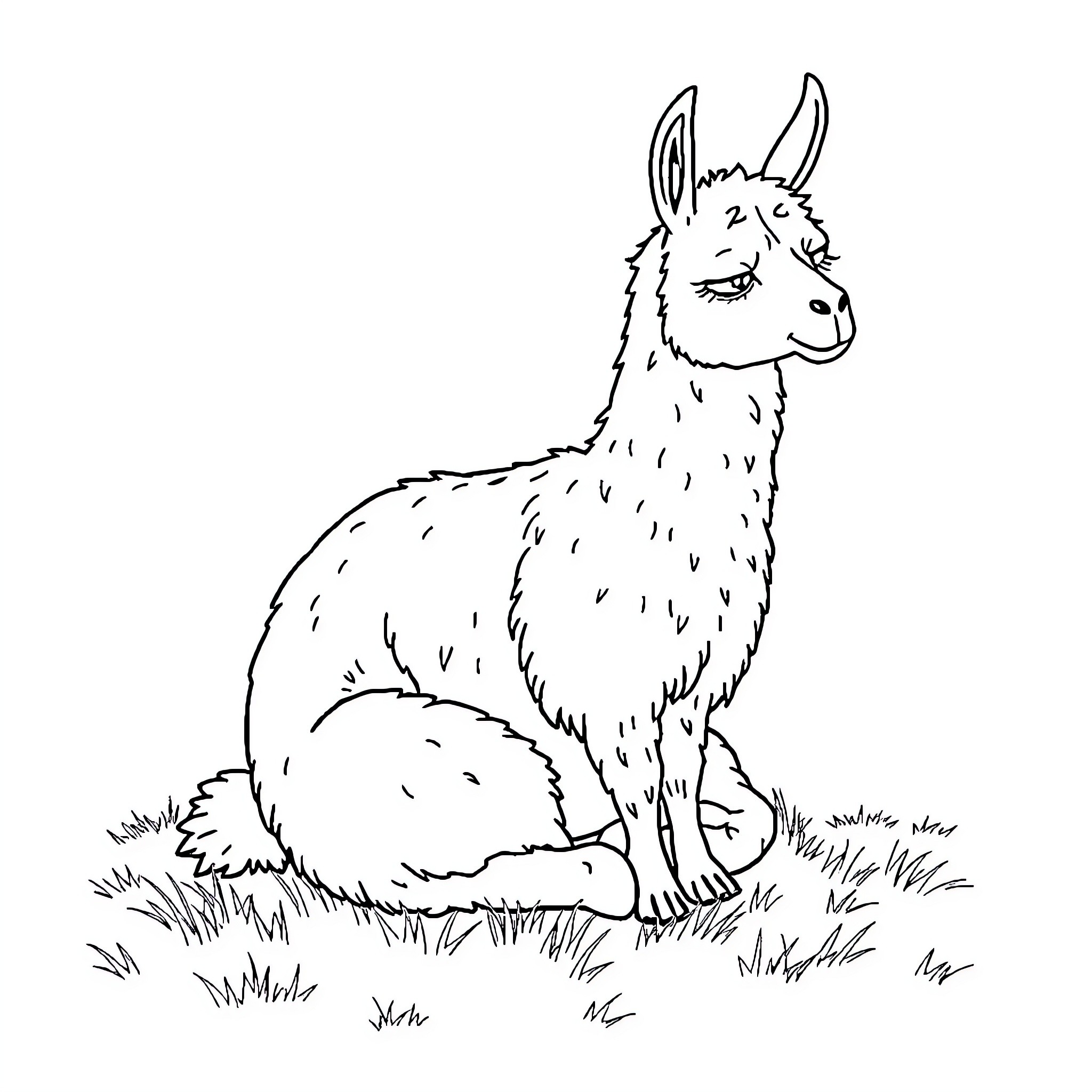 Llama resting peacefully in the meadow Coloring Page (free black-and-white line drawing printable PDF for all, from beginners to advanced learners, including children, teens, adults, and seniors)