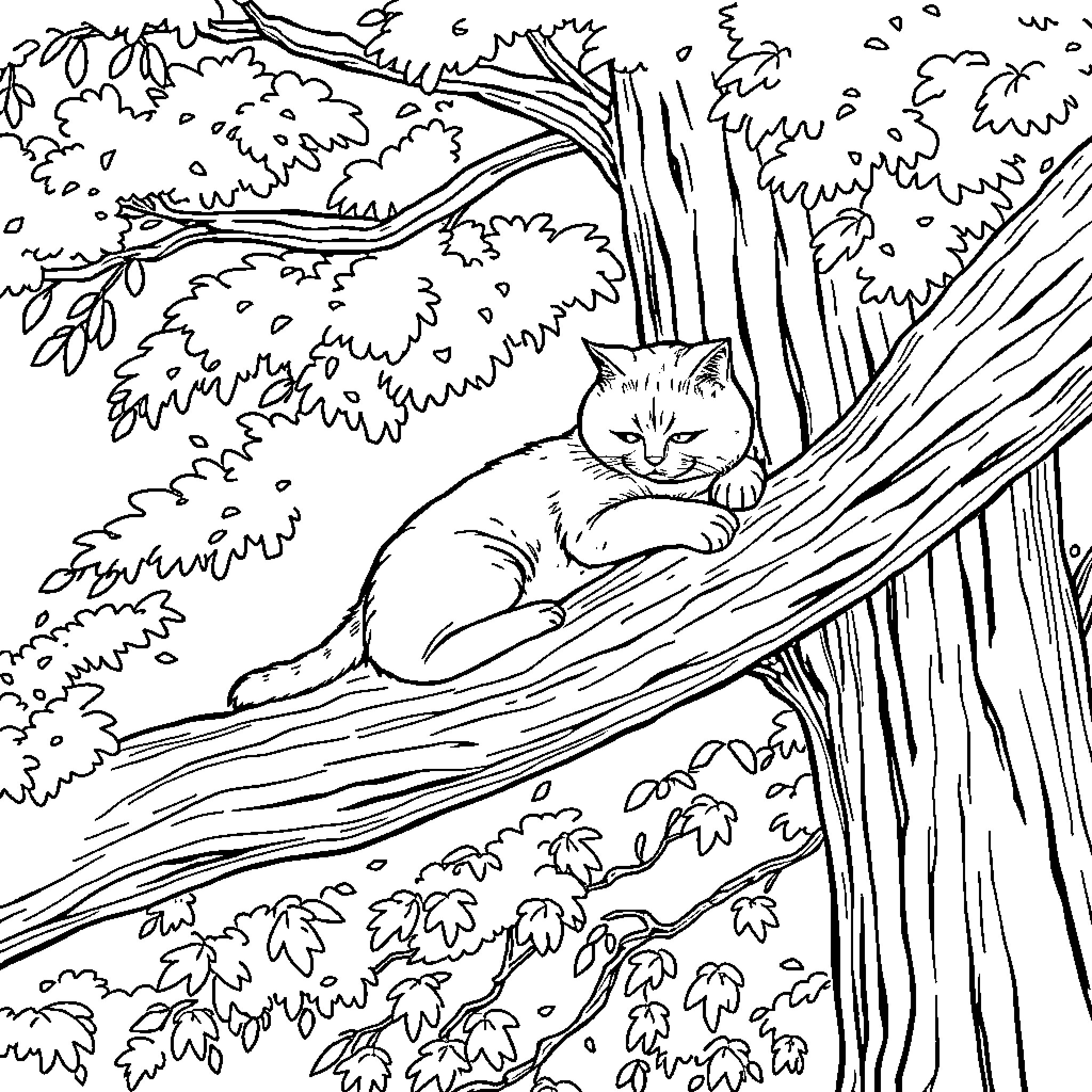 Cat relaxing on tree branch Coloring Page (free black-and-white line drawing printable PDF for all, from beginners to advanced learners, including children, teens, adults, and seniors)