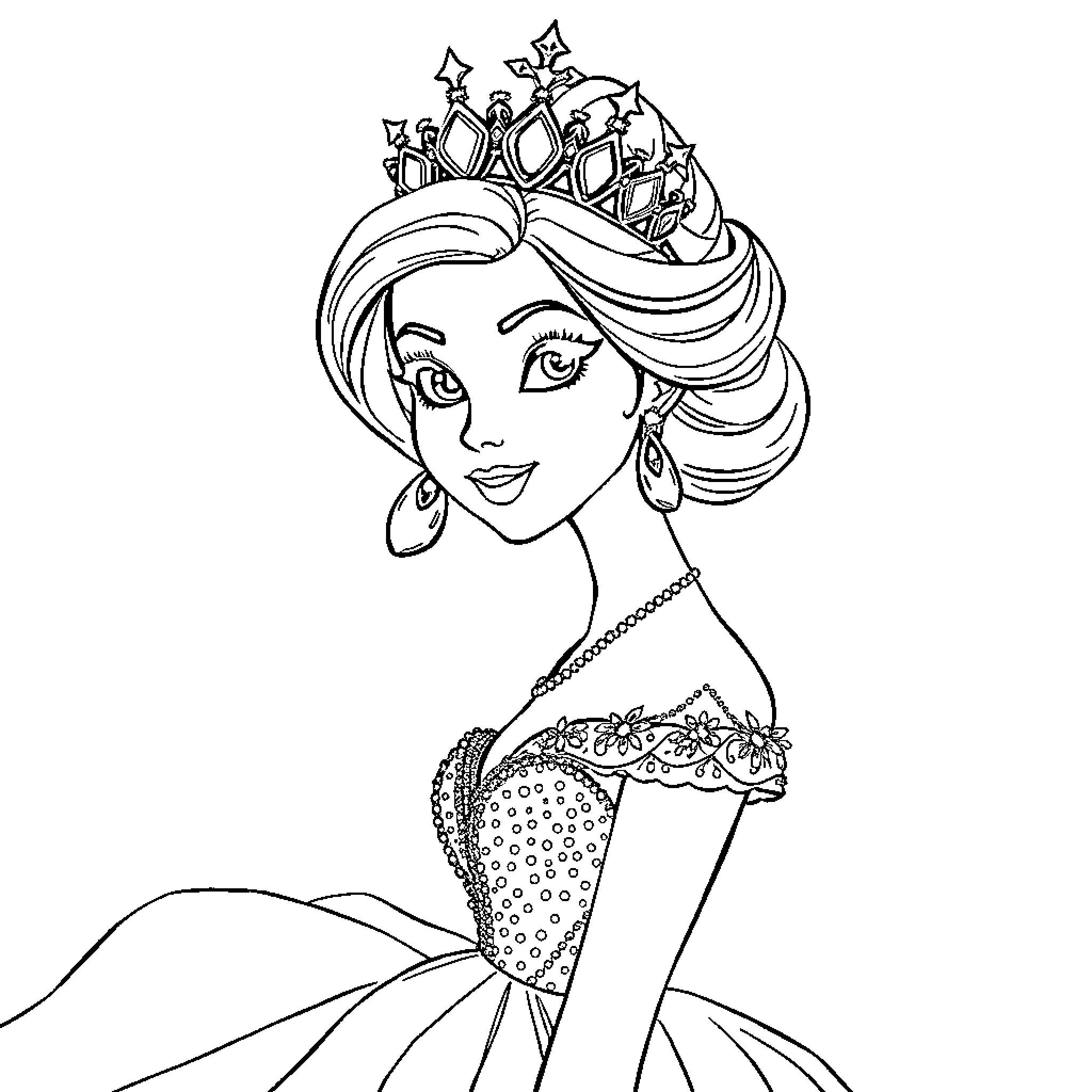 Disney Princess in Elegant Gown with Sparkling Crown Coloring Page (free black-and-white line drawing printable PDF for all, from beginners to advanced learners, including children, teens, adults, and seniors)