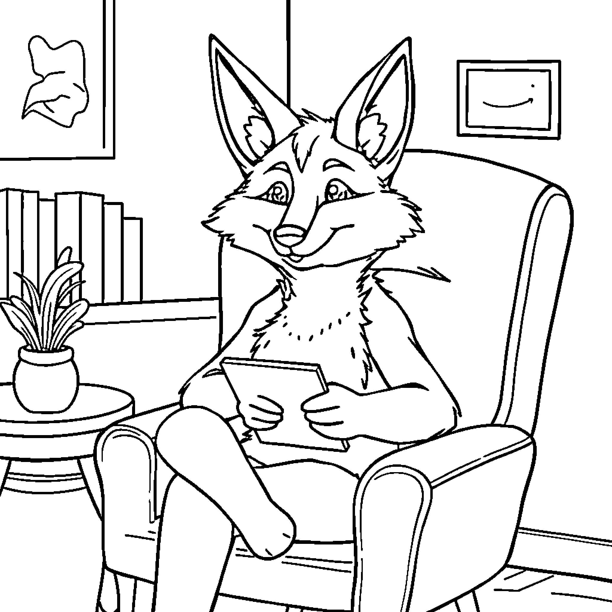 Coyote reading book in cozy room Coloring Page (free black-and-white line drawing printable PDF for all, from beginners to advanced learners, including children, teens, adults, and seniors)