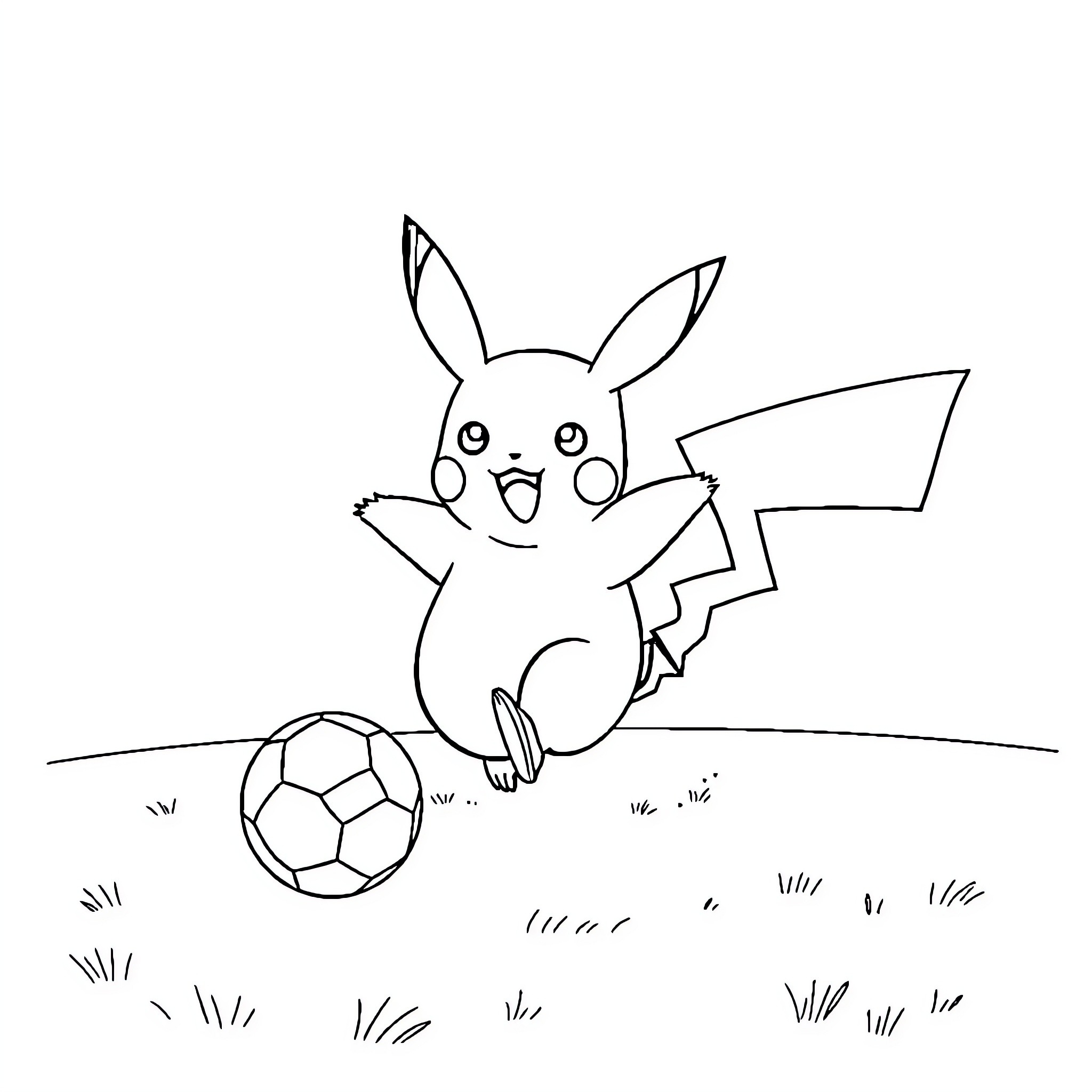 Pikachu playing with a soccer ball in the field Coloring Page (free black-and-white line drawing printable PDF for all, from beginners to advanced learners, including children, teens, adults, and seniors)