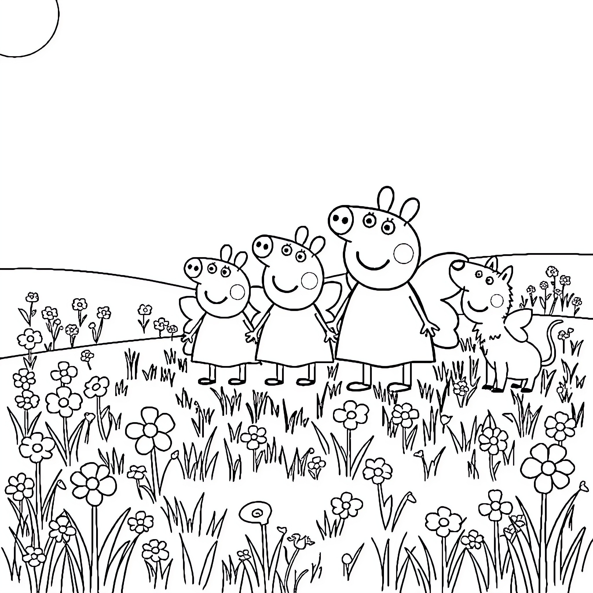Peppa Pig and family exploring a flowery meadow Coloring Page (free black-and-white line drawing printable PDF for all, from beginners to advanced learners, including children, teens, adults, and seniors)