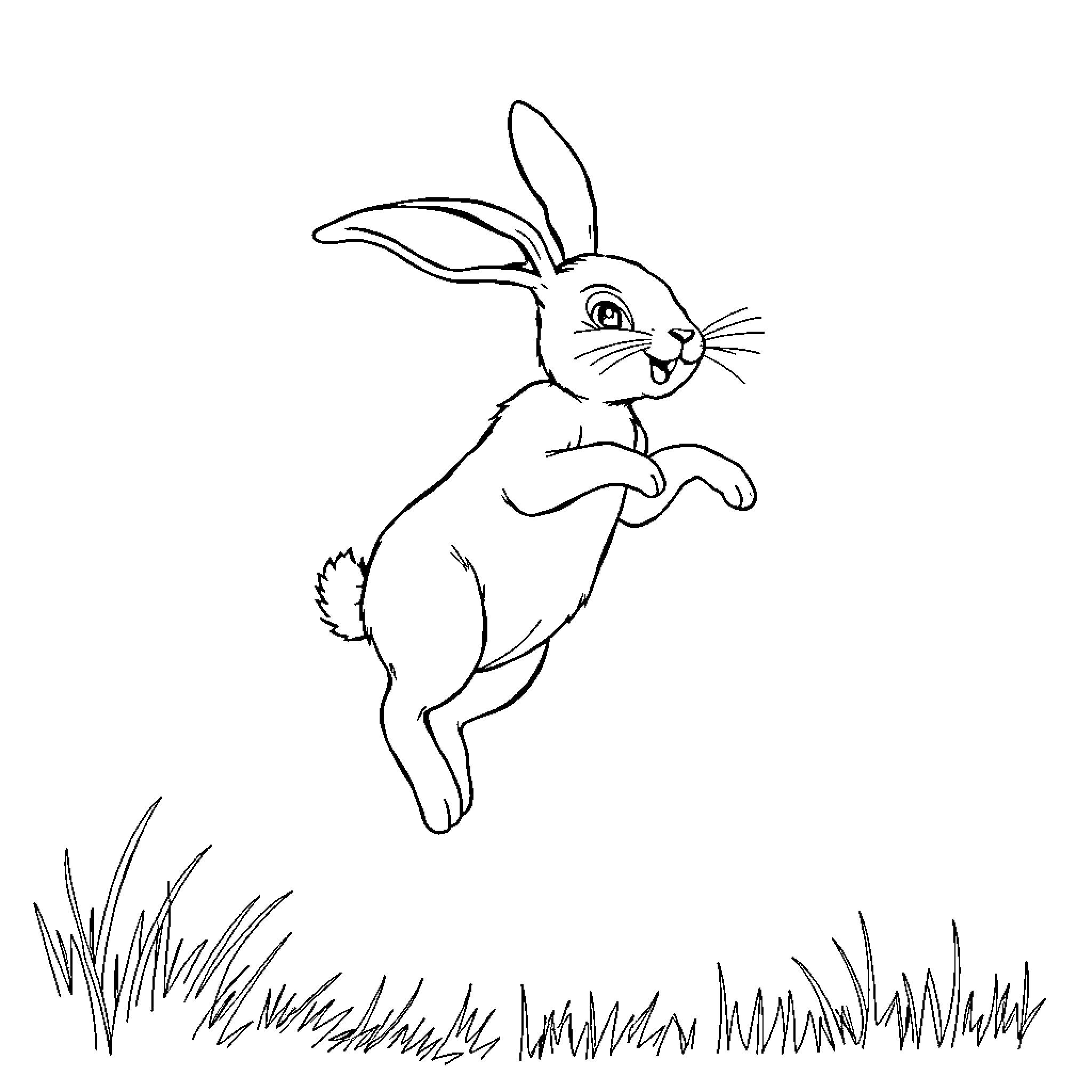 Rabbit hopping happily in the meadow Coloring Page (free black-and-white line drawing printable PDF for all, from beginners to advanced learners, including children, teens, adults, and seniors)