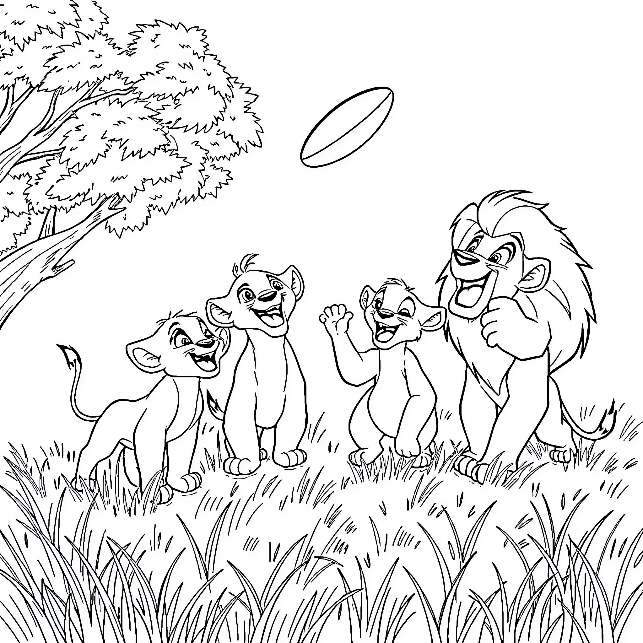 Simba and his family playing together in the wild Coloring Page (free black-and-white line drawing printable PDF for all, from beginners to advanced learners, including children, teens, adults, and seniors)