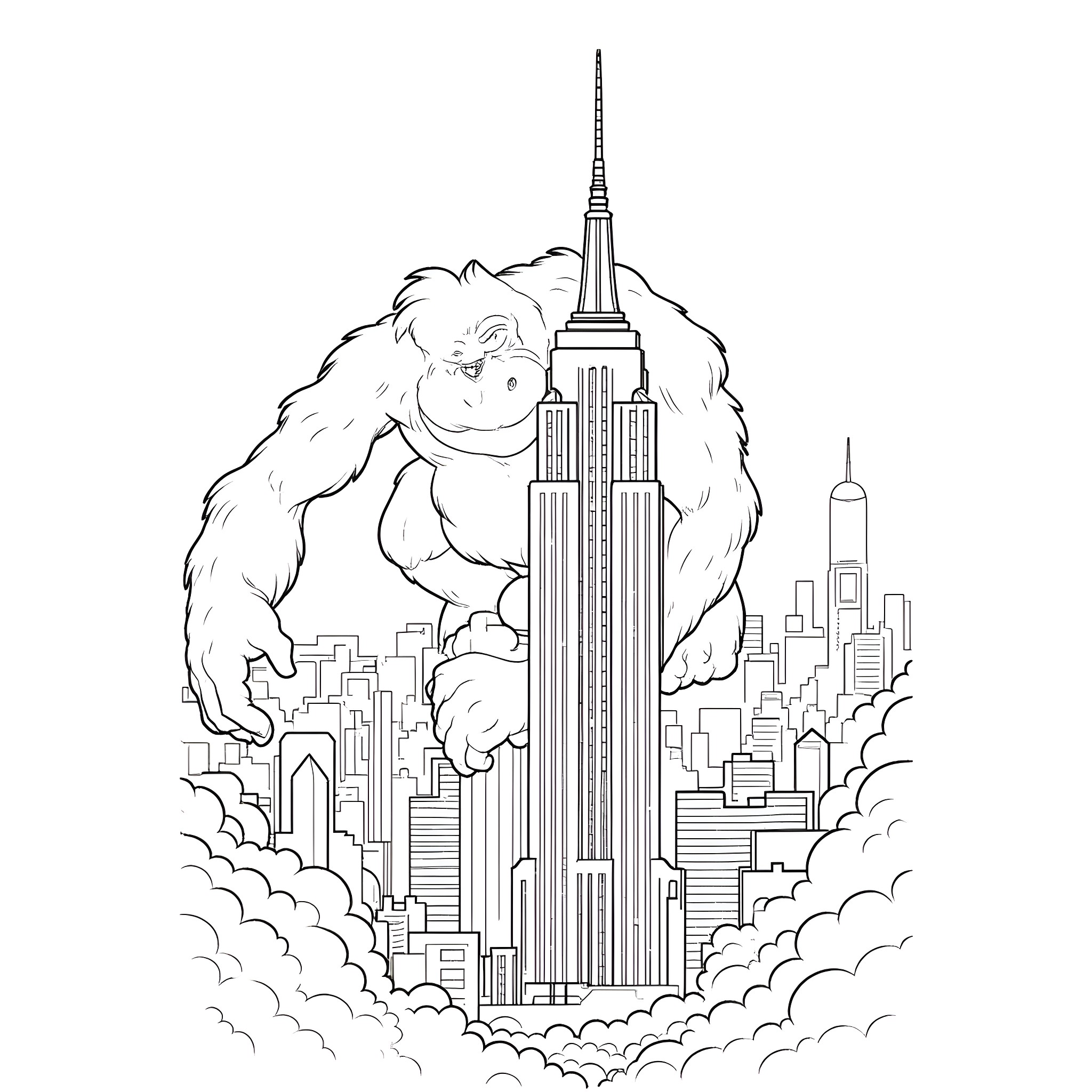 King Kong scaling the Empire State Building in the city Coloring Page (free black-and-white line drawing printable PDF for all, from beginners to advanced learners, including children, teens, adults, and seniors)