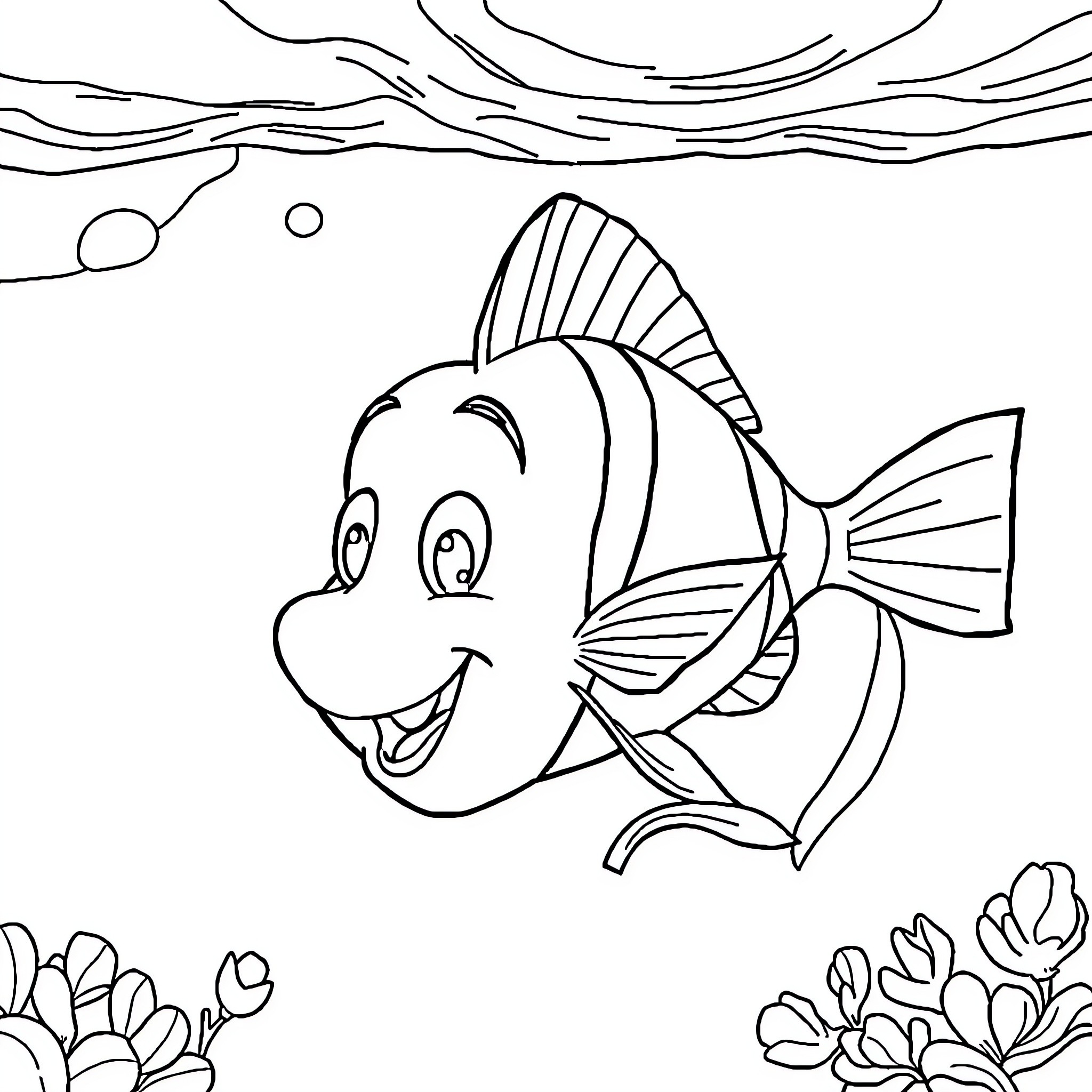 Flounder the happy smiling fish in the underwater scene Coloring Page (free black-and-white line drawing printable PDF for all, from beginners to advanced learners, including children, teens, adults, and seniors)