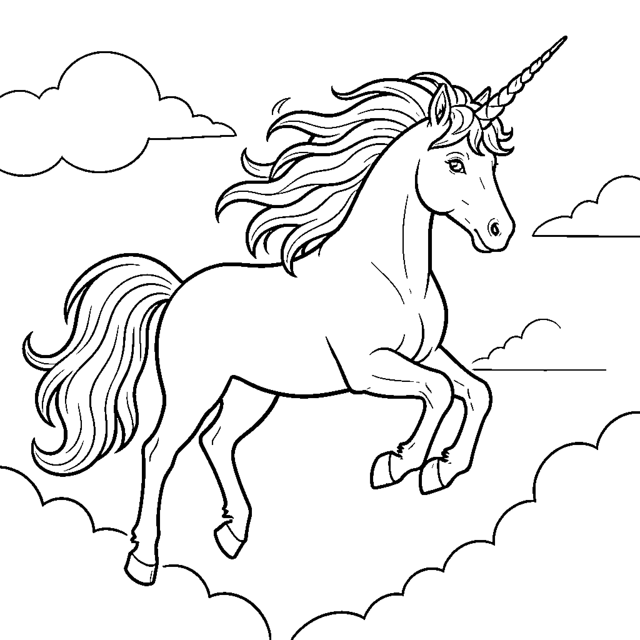 Unicorn leaping gracefully among the soft clouds Coloring Page (free black-and-white line drawing printable PDF for all, from beginners to advanced learners, including children, teens, adults, and seniors)