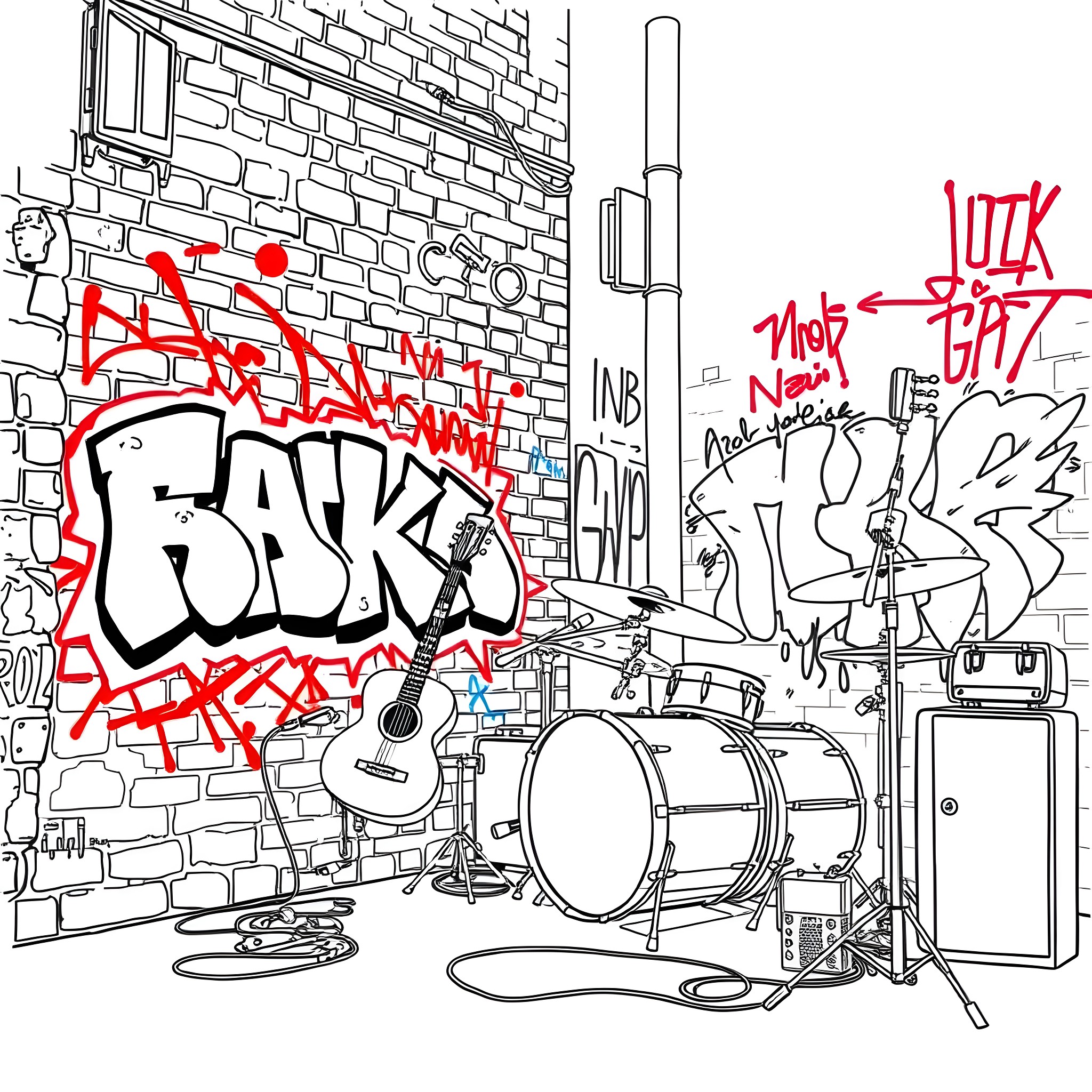 Guitar player performing amidst graffiti-covered wall Coloring Page (free black-and-white line drawing printable PDF for all, from beginners to advanced learners, including children, teens, adults, and seniors)