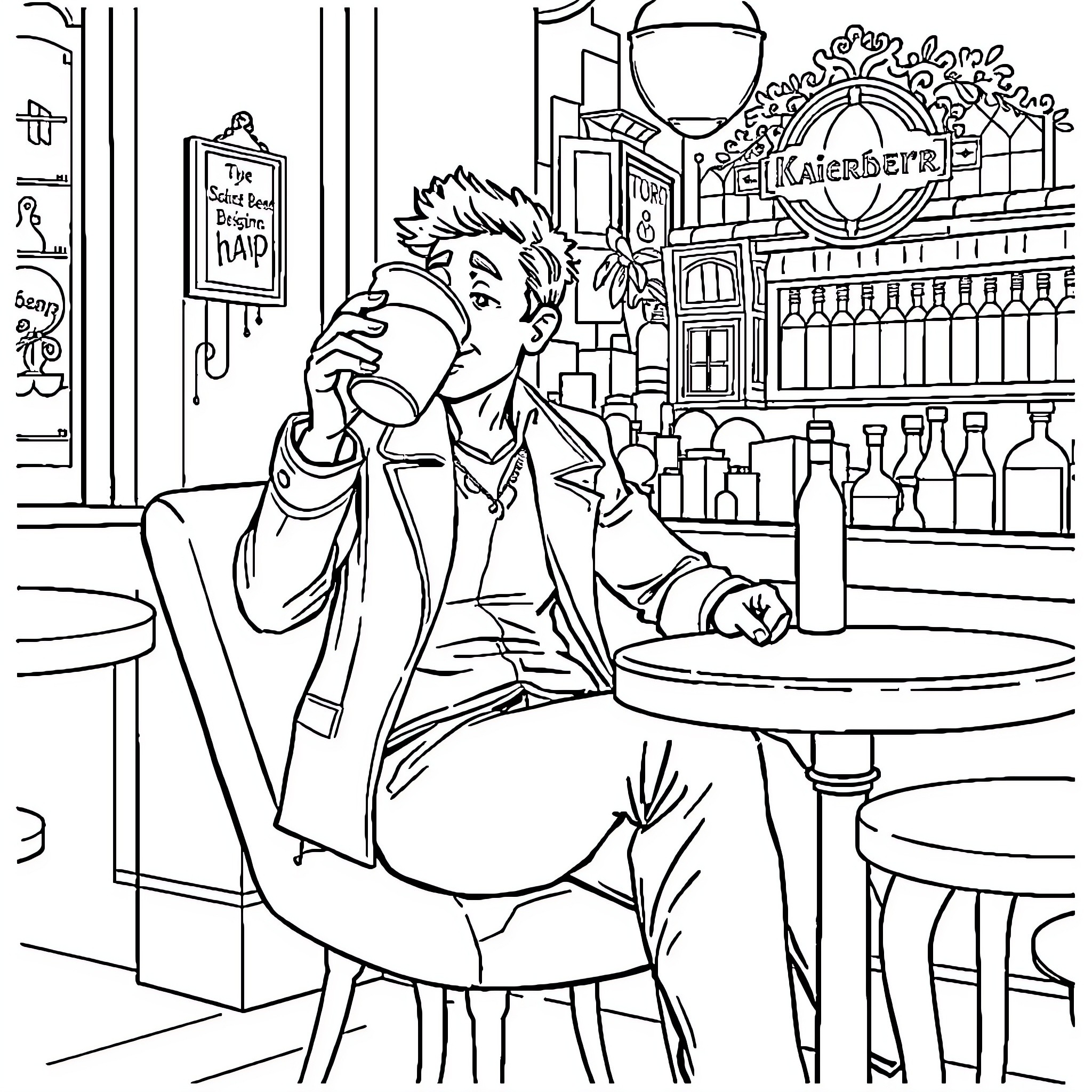 Dimitri's Quiet Contemplation in the Cozy Cafe Coloring Page (free black-and-white line drawing printable PDF for all, from beginners to advanced learners, including children, teens, adults, and seniors)