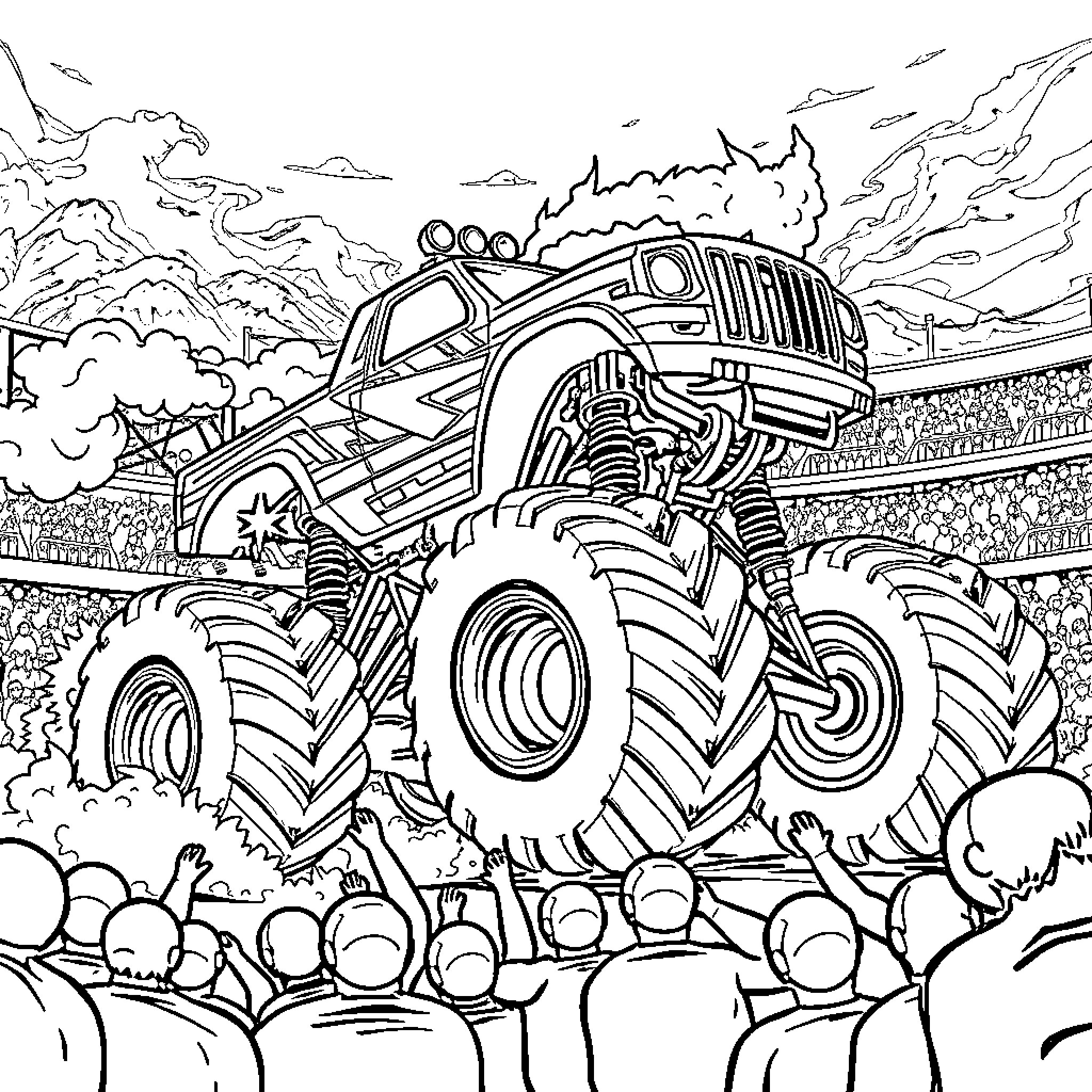 Monster Truck Performing Stunts for Cheering Crowd Coloring Page (free black-and-white line drawing printable PDF for all, from beginners to advanced learners, including children, teens, adults, and seniors)