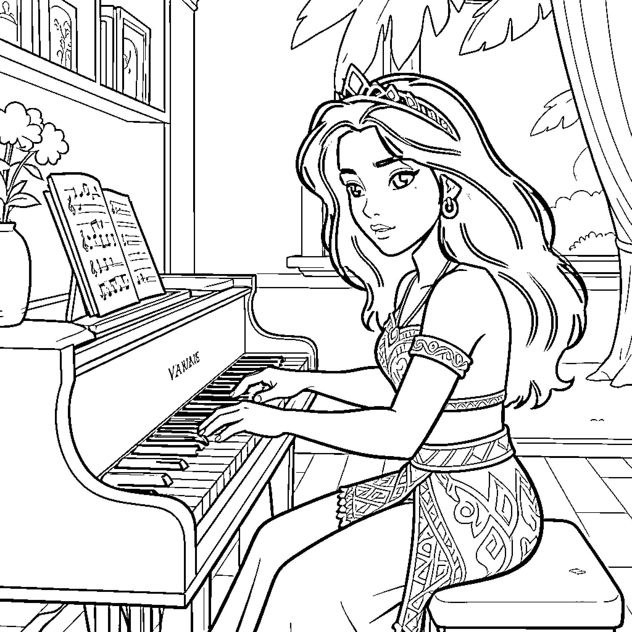 Vaiana playing a piano in a musical scene Coloring Page (free black-and-white line drawing printable PDF for all, from beginners to advanced learners, including children, teens, adults, and seniors)