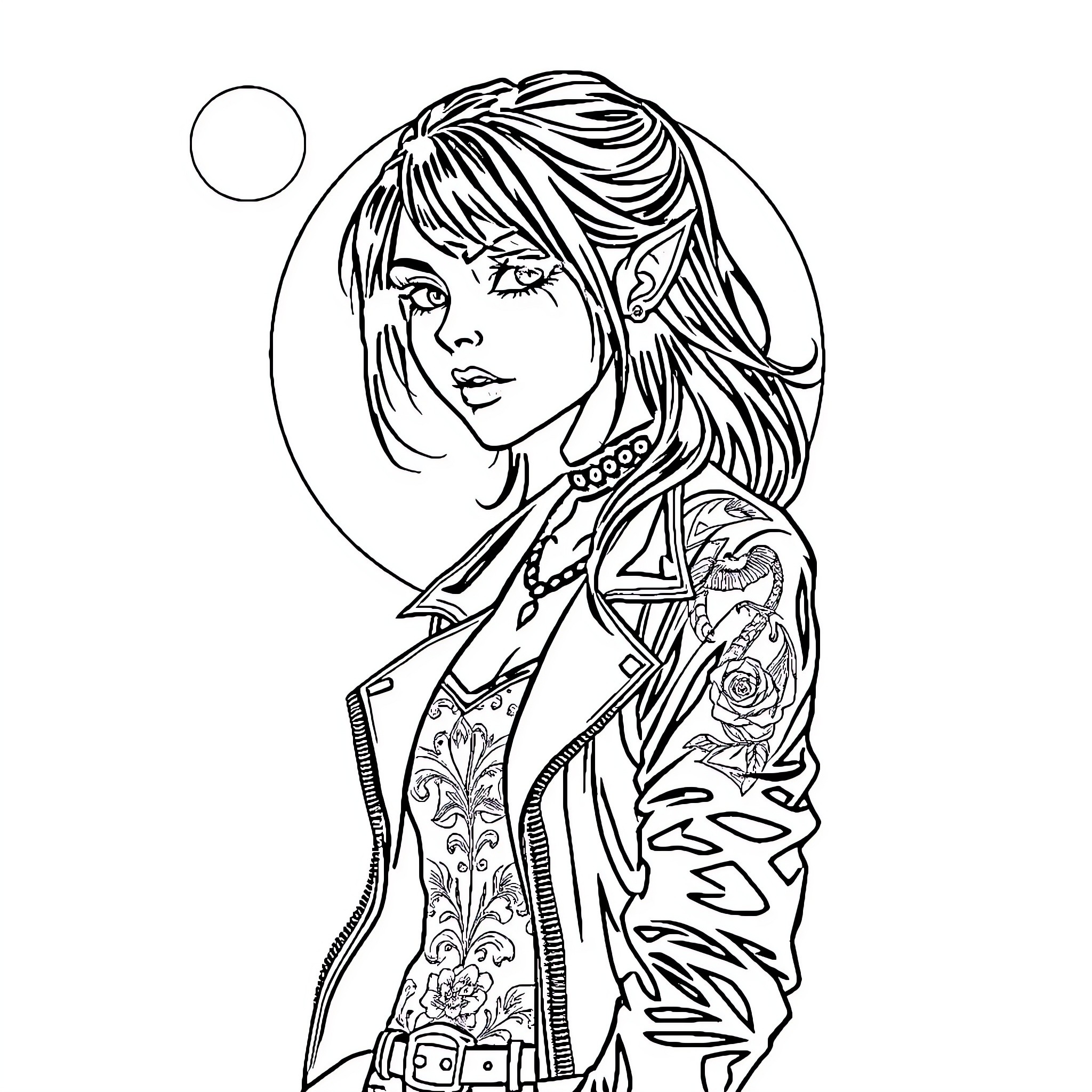 Vampire in Gothic Attire with Intricate Designs Coloring Page (free black-and-white line drawing printable PDF for all, from beginners to advanced learners, including children, teens, adults, and seniors)